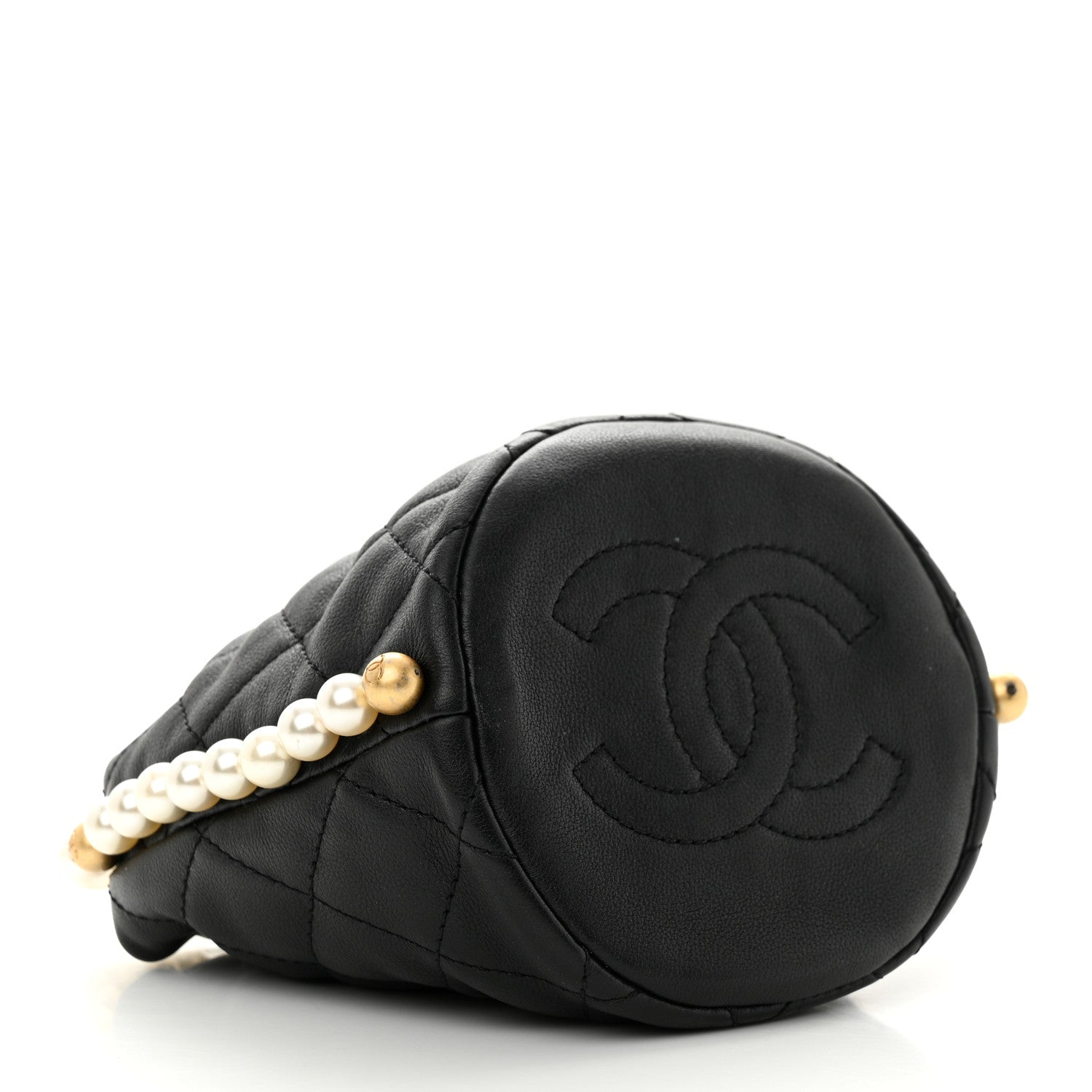 Chanel Calfskin Quilted Pearl Mini About Pearls Drawstring Bucket Bag Black