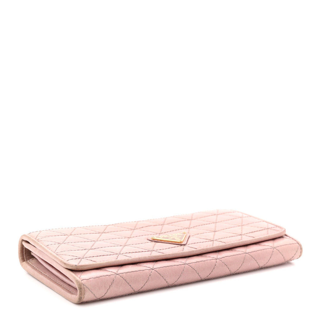 Prada Glossy Calfskin Triangle Quilted Triangle Continental Flap Wallet Light Pink