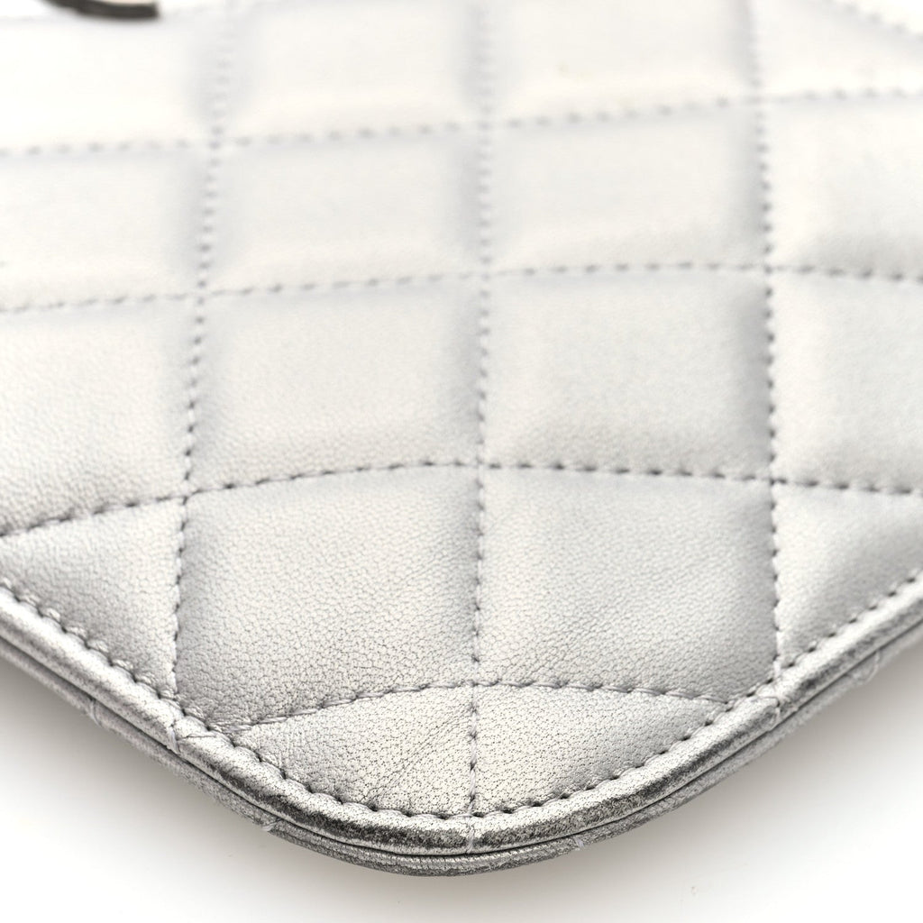 Chanel Metallic Lambskin Quilted Clutch With Chain Silver