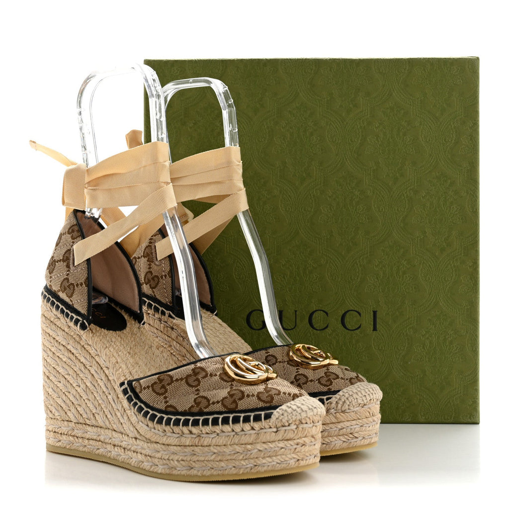 Gucci Monogram Matelasse GG Marmont Ankle Wrap Platform 35/120mm Espadrille Wedges 39.5 Beige Ebony Black Sand Storm