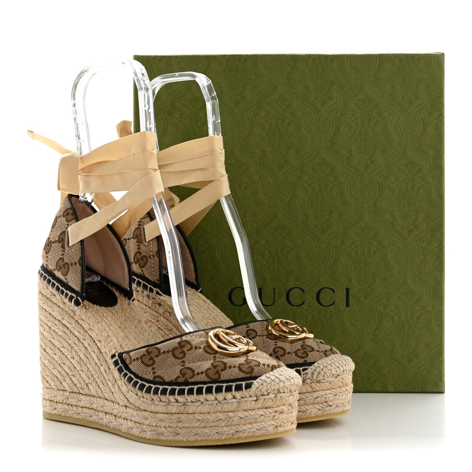 Gucci Monogram Matelasse GG Marmont Ankle Wrap Platform 35/120mm Espadrille Wedges 39.5 Beige Ebony Black Sand Storm