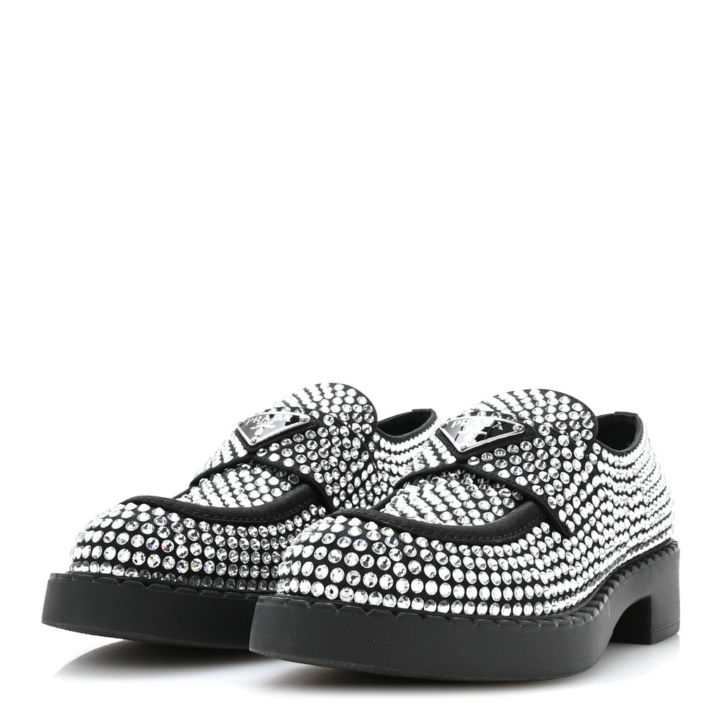 Prada Satin Crystal Metal Triangle Logo 50mm Loafers 36.5 Cristal