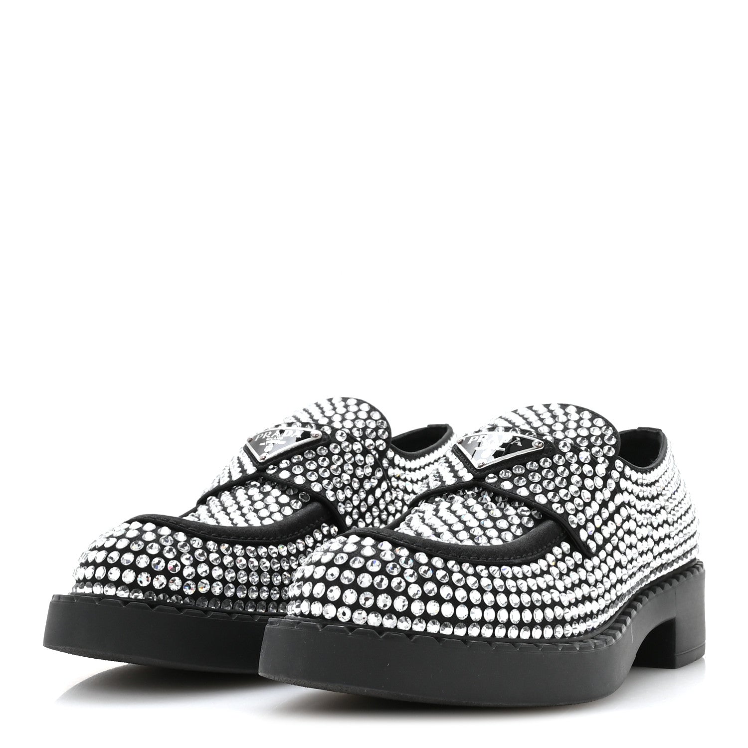 Prada Satin Crystal Metal Triangle Logo 50mm Loafers 36.5 Cristal