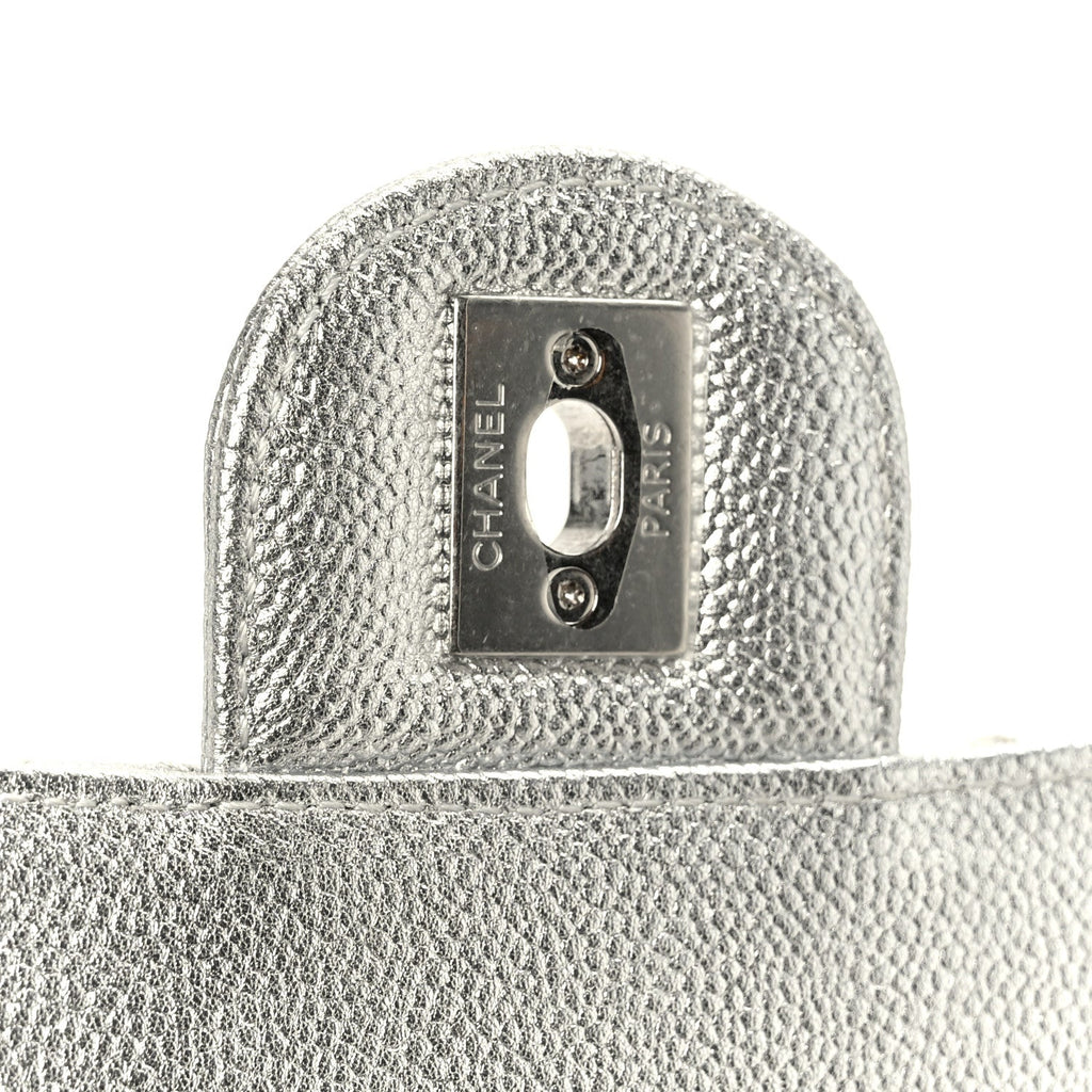 Chanel Metallic Caviar Quilted Mini Square CC Slide Flap Silver