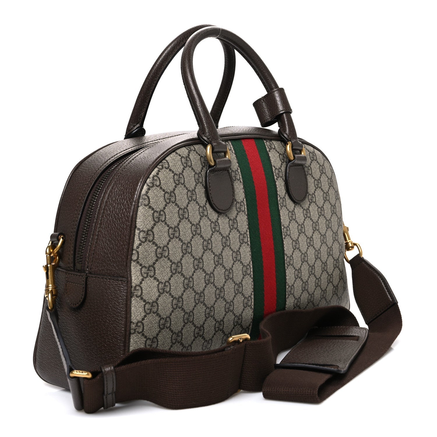 Gucci GG Supreme Monogram Textured Dollar Calfskin Web Medium Savoy Bowling Bag Beige Ebony New Acero