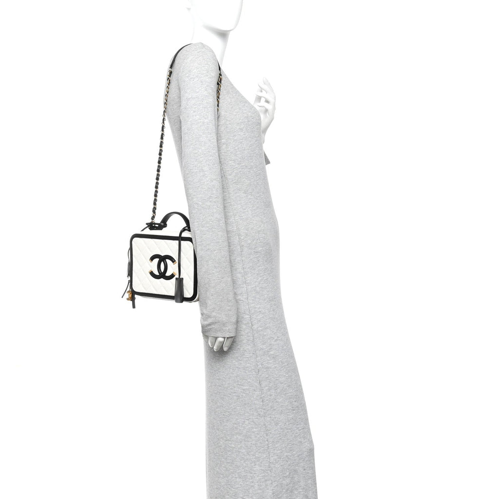 Chanel Caviar Quilted Medium CC Filigree Vanity Case White Black