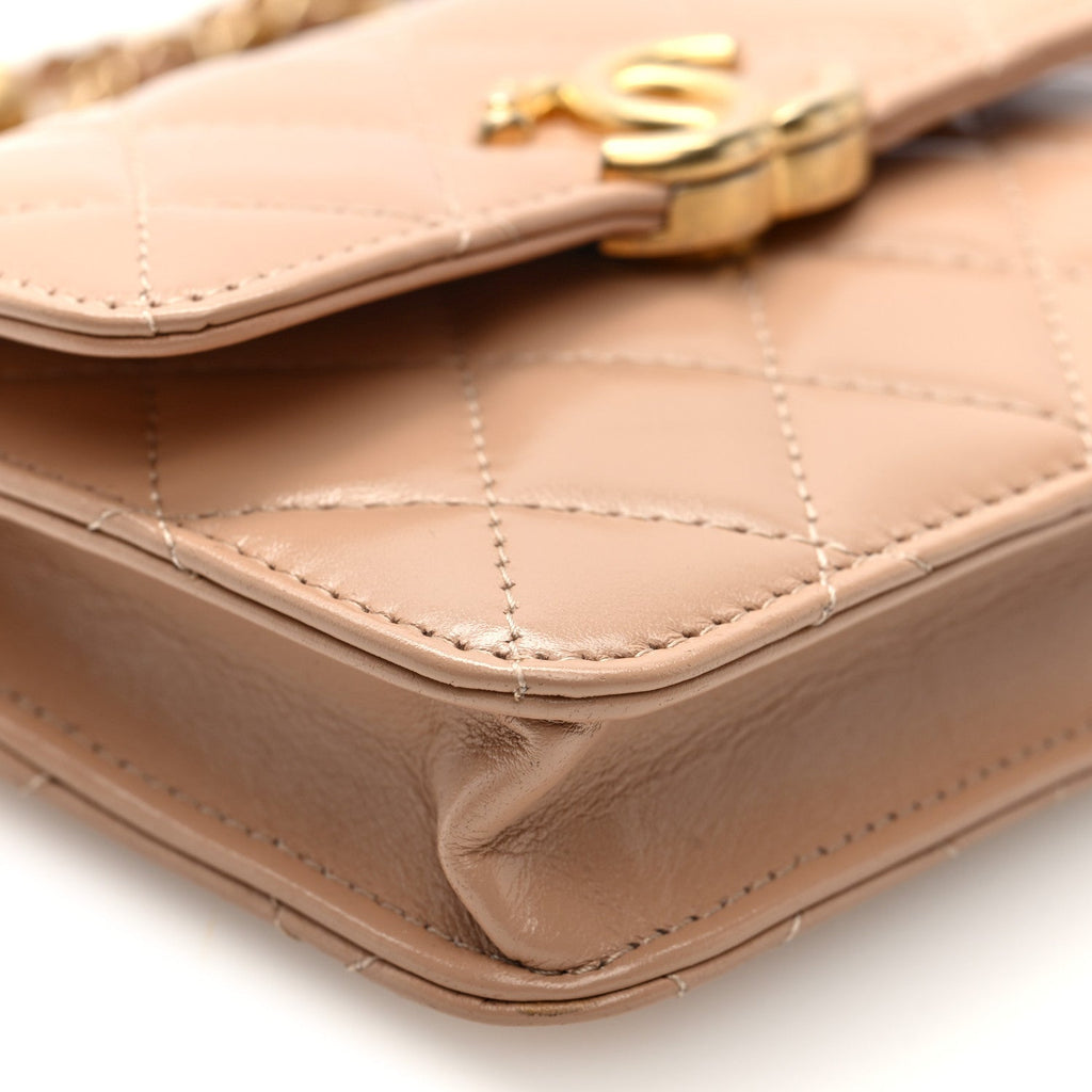 Chanel Calfskin Quilted Perfect Fit Coin Purse With Chain Beige