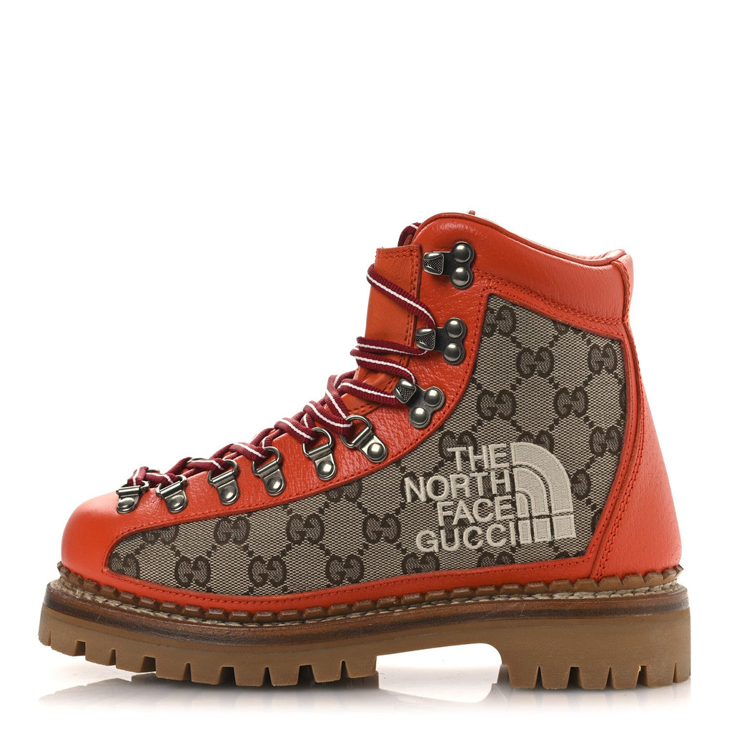 Gucci X THE NORTH FACE Monogram Textured Calfskin Hiking Ankle Boots 37 Beige Ebony Deep Orange