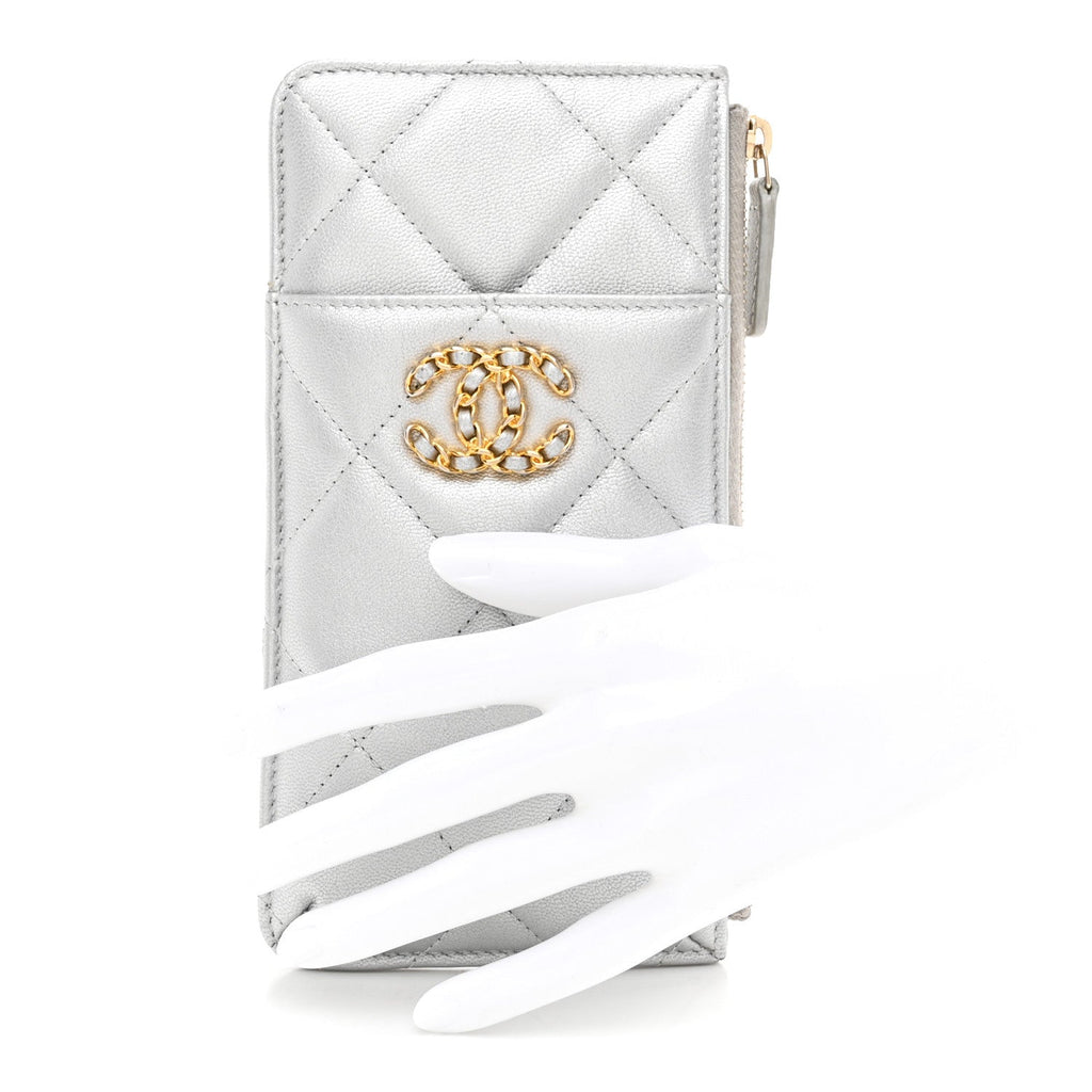 Chanel Lambskin Quilted Chanel 19 Phone and Card Holder Silver