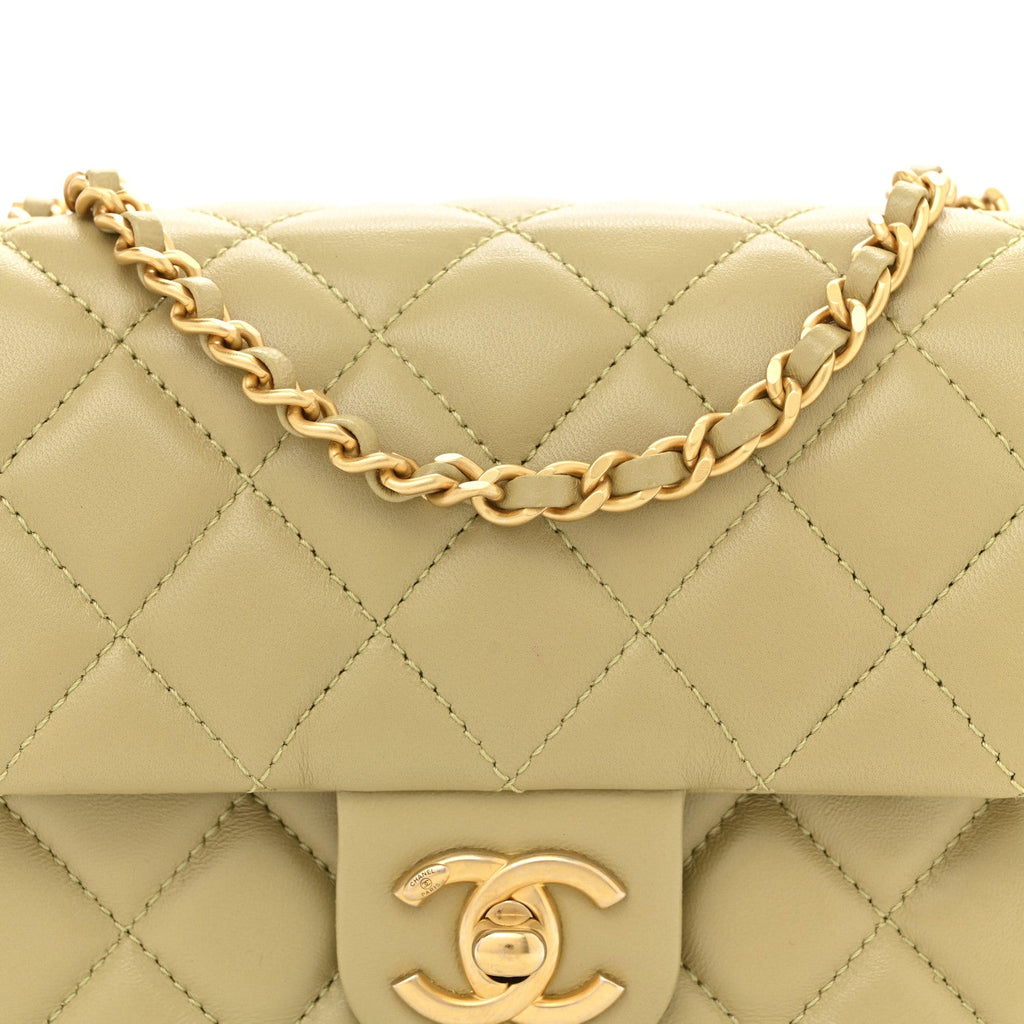 Chanel Lambskin Enamel Quilted Mini Coco Hearts Square Flap Light Green