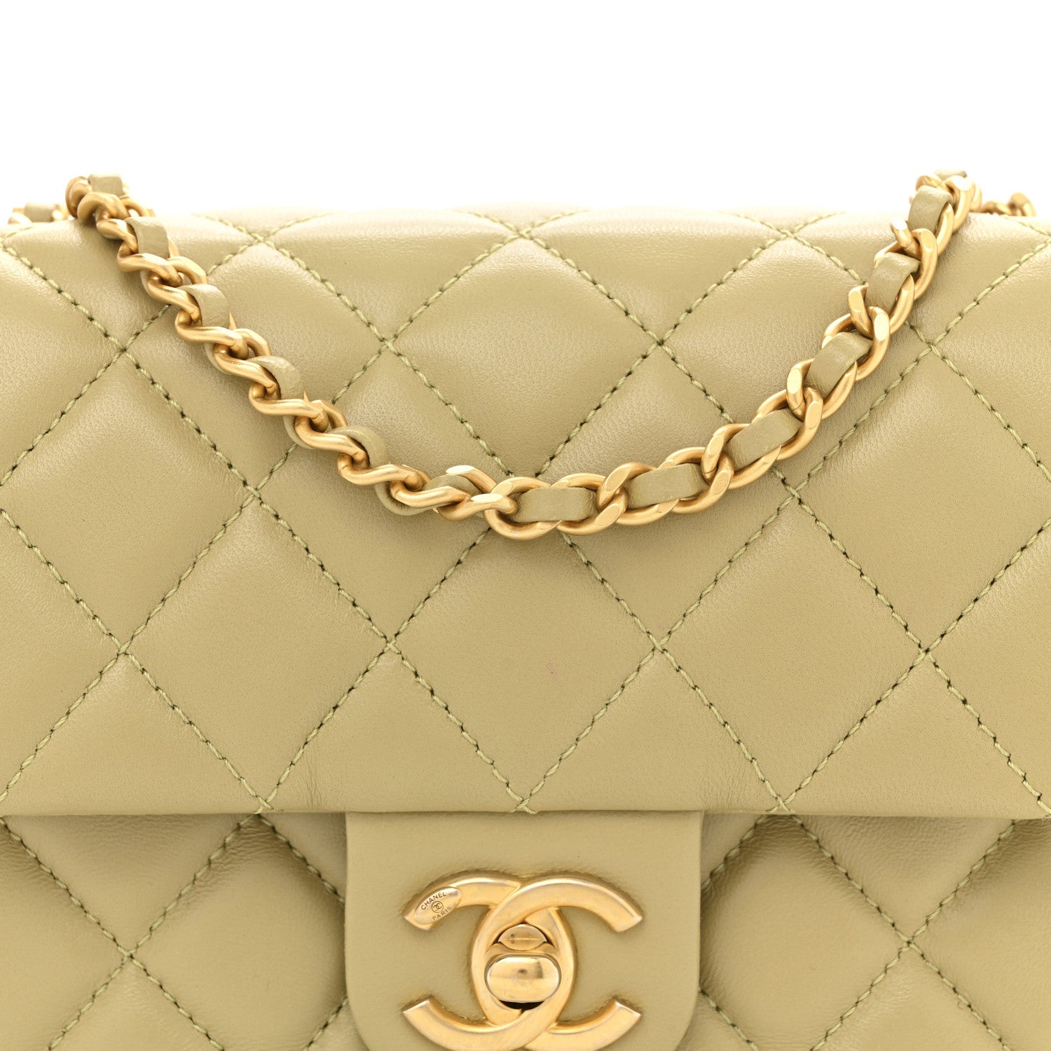 Chanel Lambskin Enamel Quilted Mini Coco Hearts Square Flap Light Green