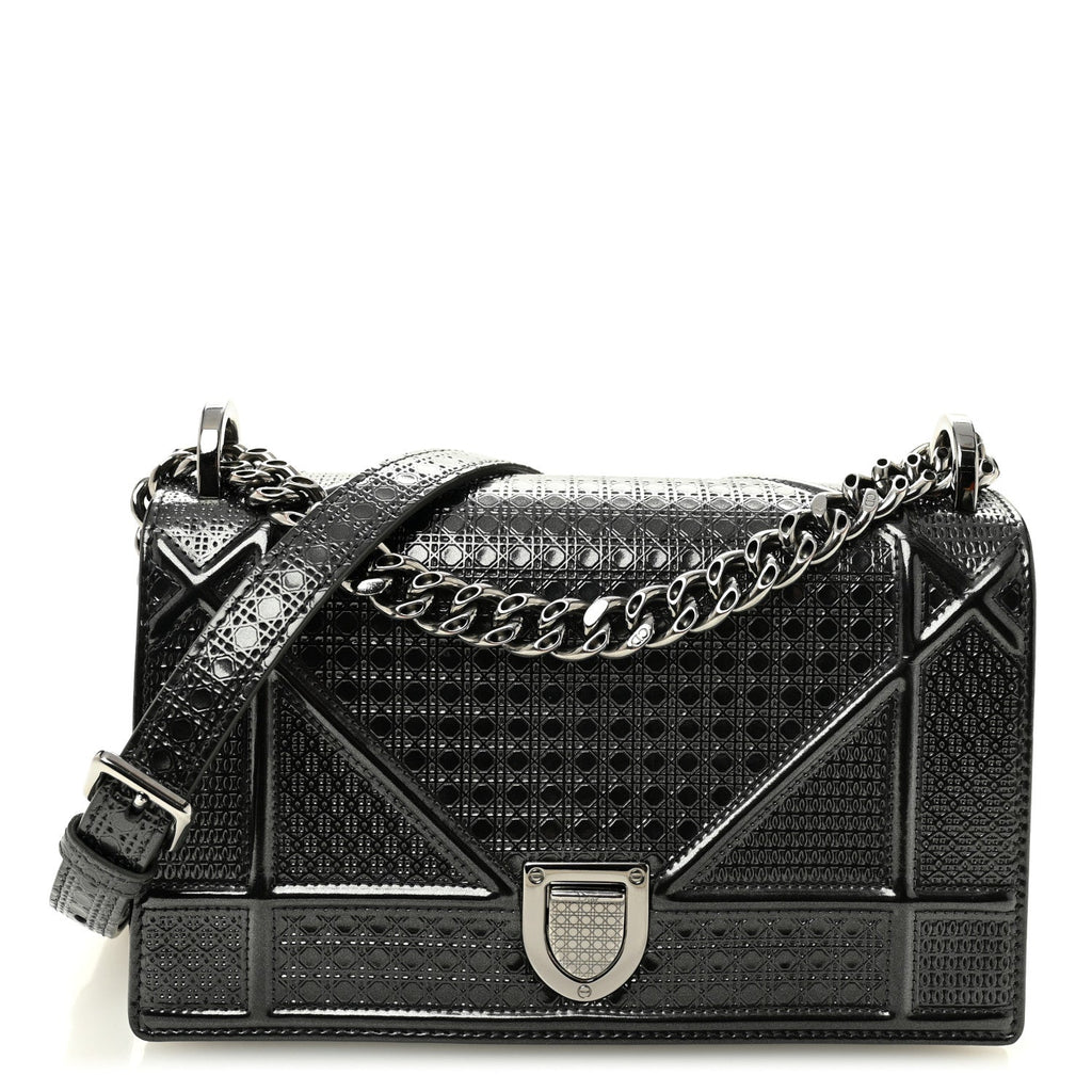 Christian Dior Metallic Patent Micro-Cannage Medium Diorama Flap Bag Onyx Black