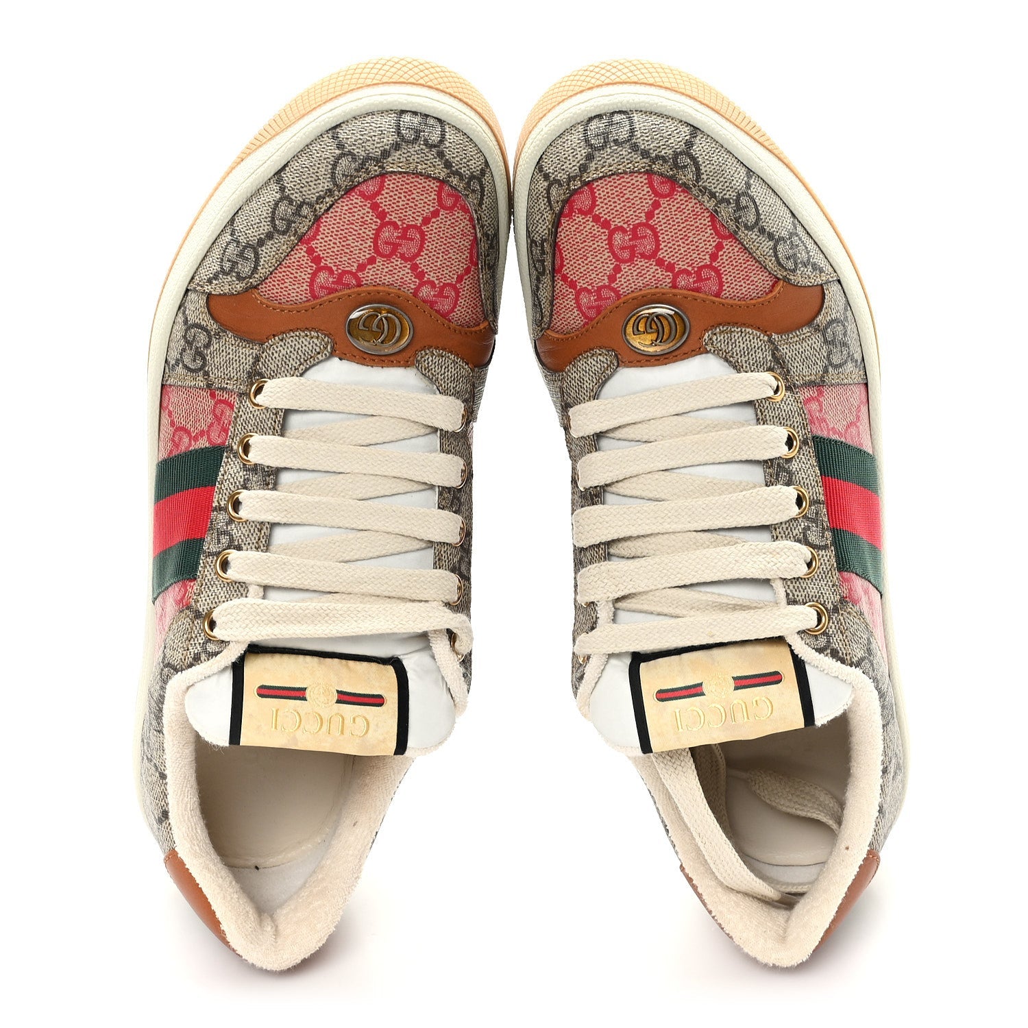 Gucci GG Supreme Monogram Harness Calfskin Web Womens Screener Sneakers 39 Beige Ebony Rosso Harness Brown