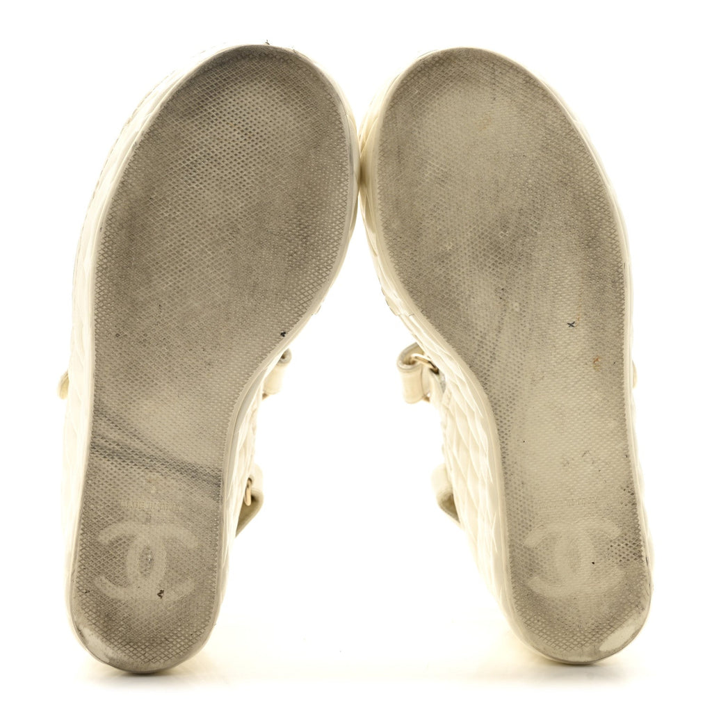 Chanel Shiny Calfskin Quilted Wedge Sandals 36 Ivory