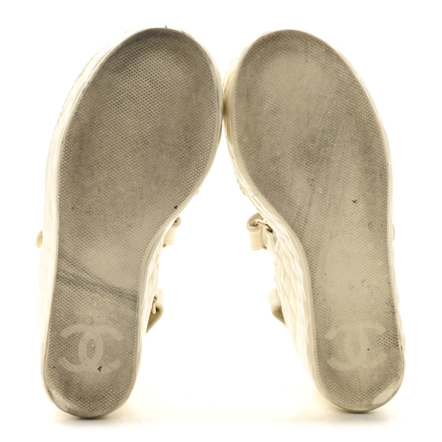 Chanel Shiny Calfskin Quilted Wedge Sandals 36 Ivory