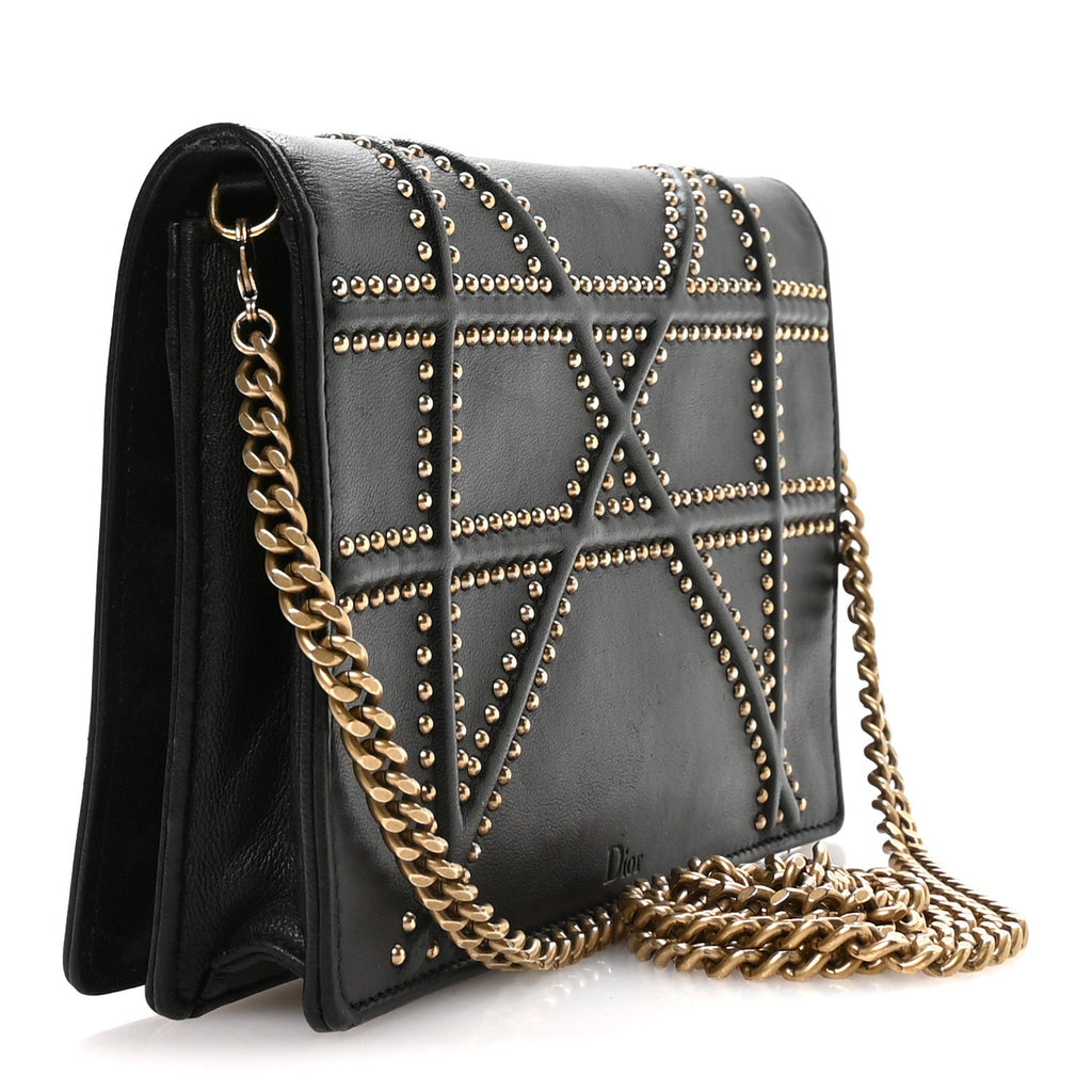 Christian Dior Calfskin Studded Diorama Wallet on Chain Pouch Black