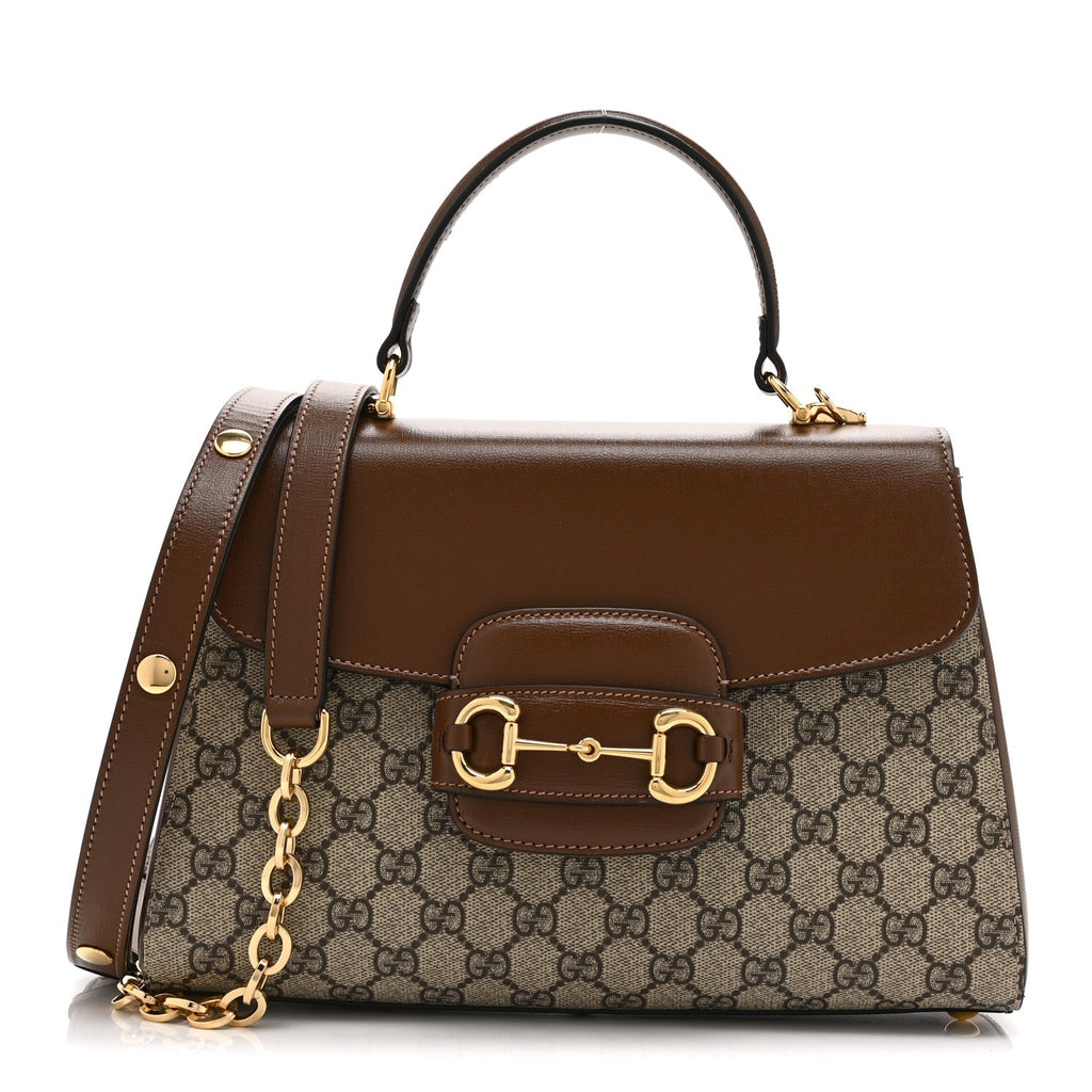 Gucci GG Supreme Monogram Calfskin Medium Horsebit 1955 Top Handle Bag Beige Ebony Brown Sugar