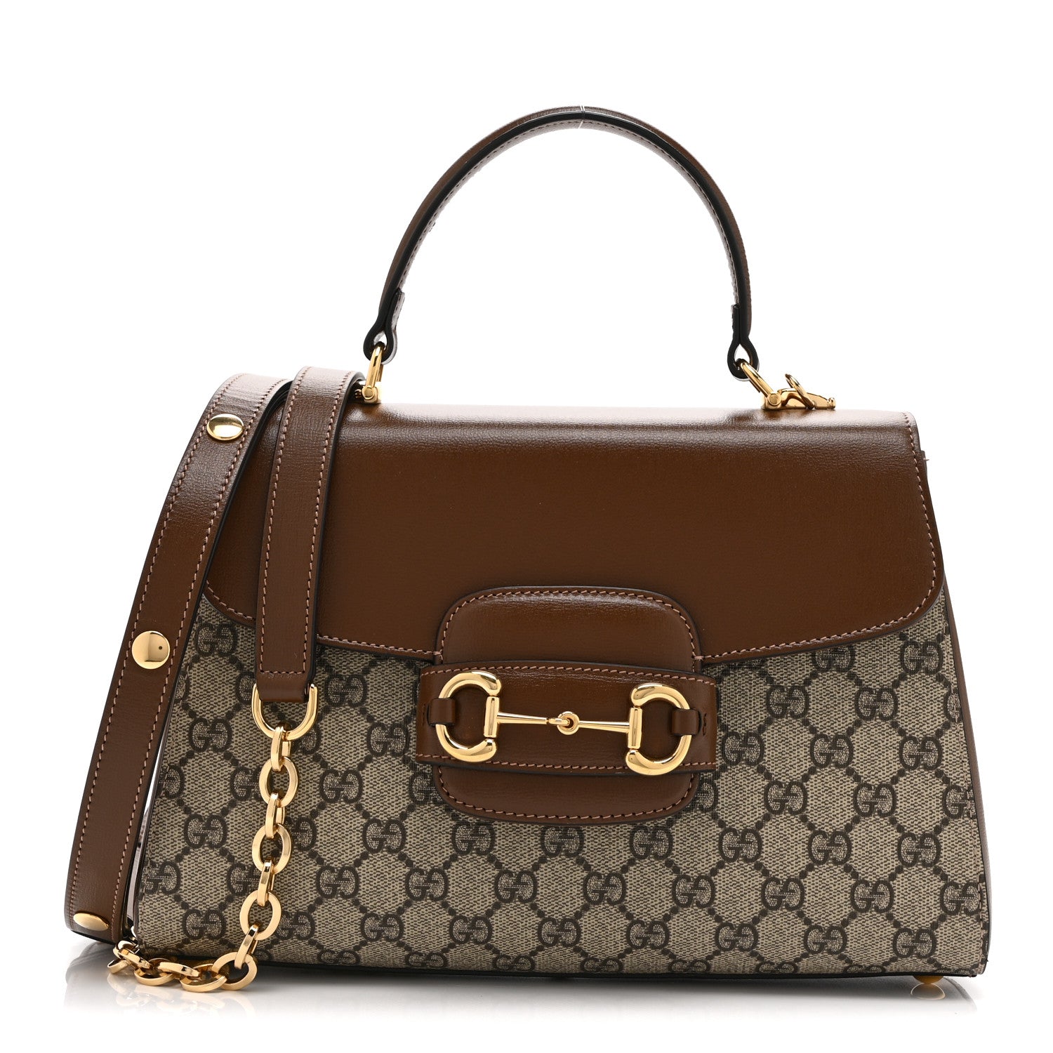 Gucci GG Supreme Monogram Calfskin Medium Horsebit 1955 Top Handle Bag Beige Ebony Brown Sugar