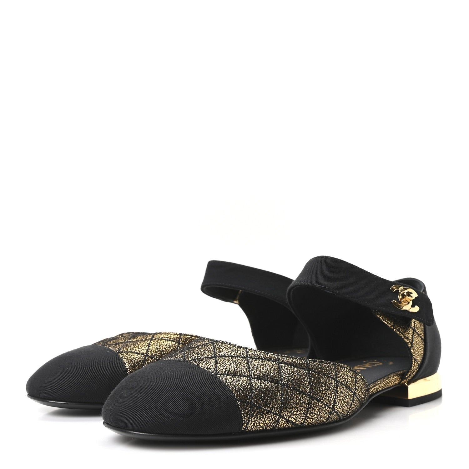 Laminated Suede Kidskin Grosgrain Quilted Cap Toe Ballerina Flats 36.5 Gold Black