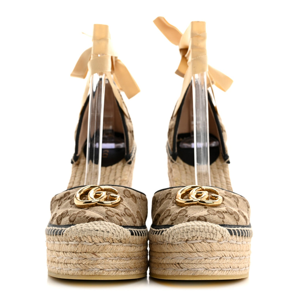 Gucci Monogram Matelasse GG Marmont Ankle Wrap Platform 35/120mm Espadrille Wedges 39.5 Beige Ebony Black Sand Storm