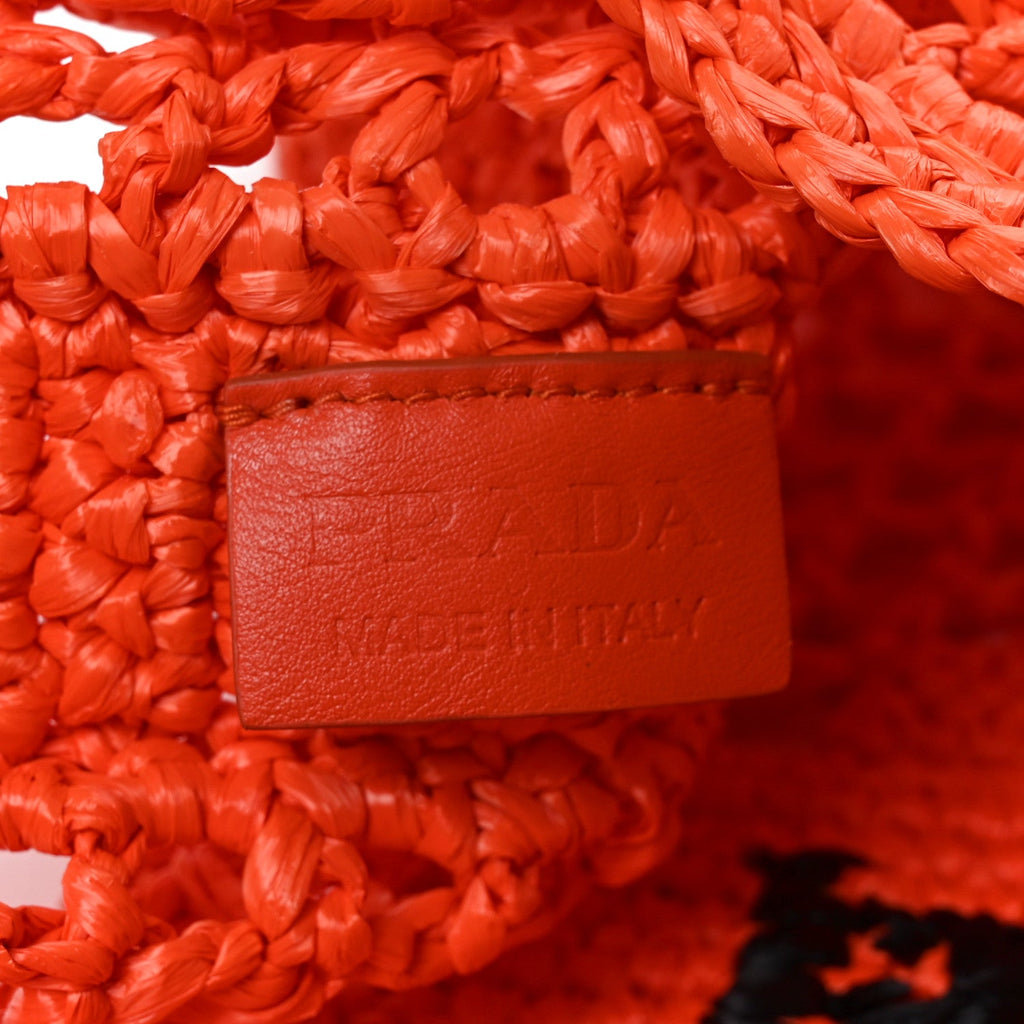Prada Yarn Raffia Effect Crochet Logo Embroidered Tote Bag Arancio