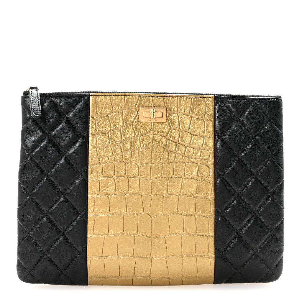 Lambskin Metallic Calfskin Quilted Crocodile Embossed Clutch 2.55 Reissue Cosmetic Case Gold