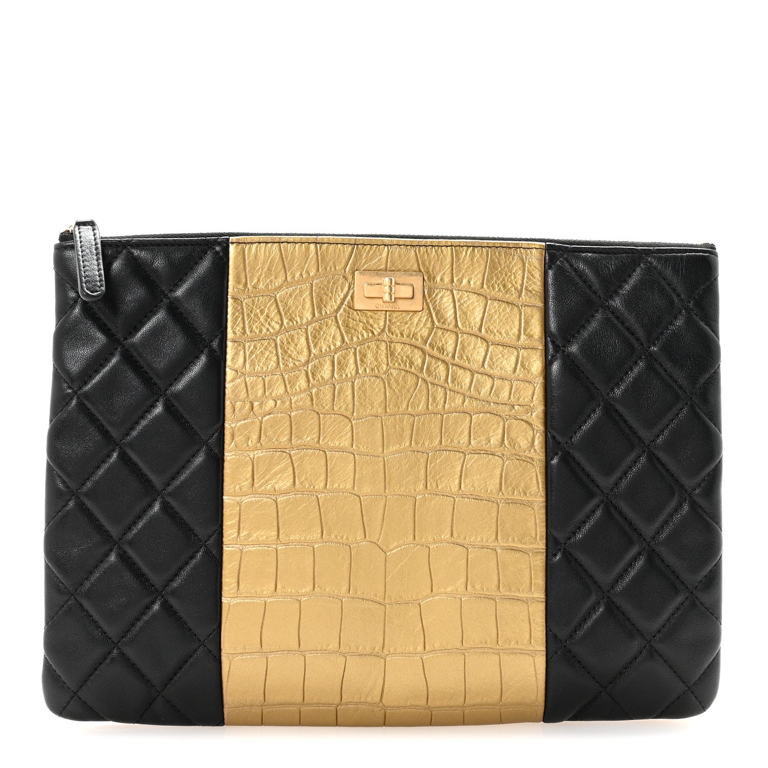 Lambskin Metallic Calfskin Quilted Crocodile Embossed Clutch 2.55 Reissue Cosmetic Case Gold