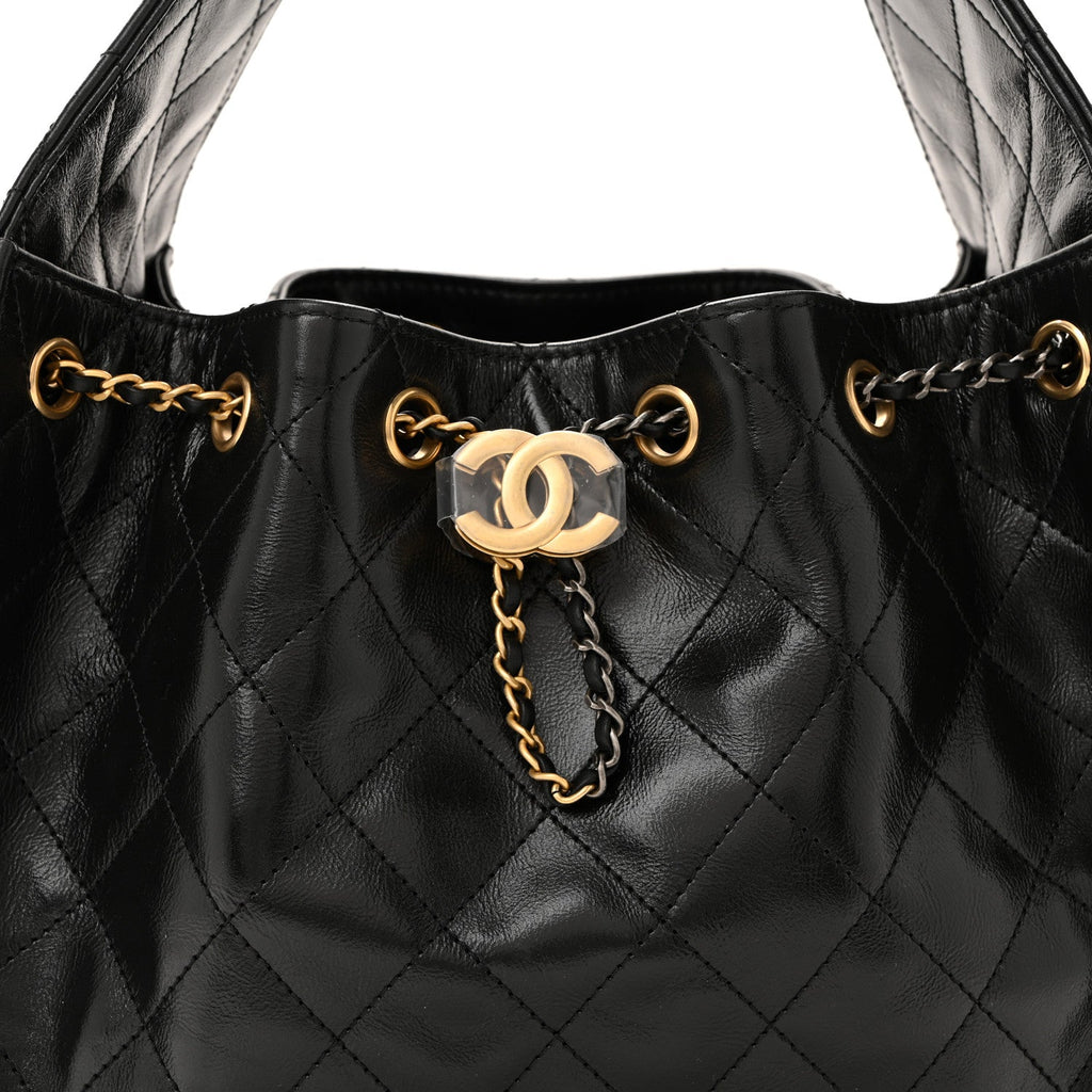 Chanel Shiny Crumpled Calfskin Quilted Small Chanel 25 Handbag Black
