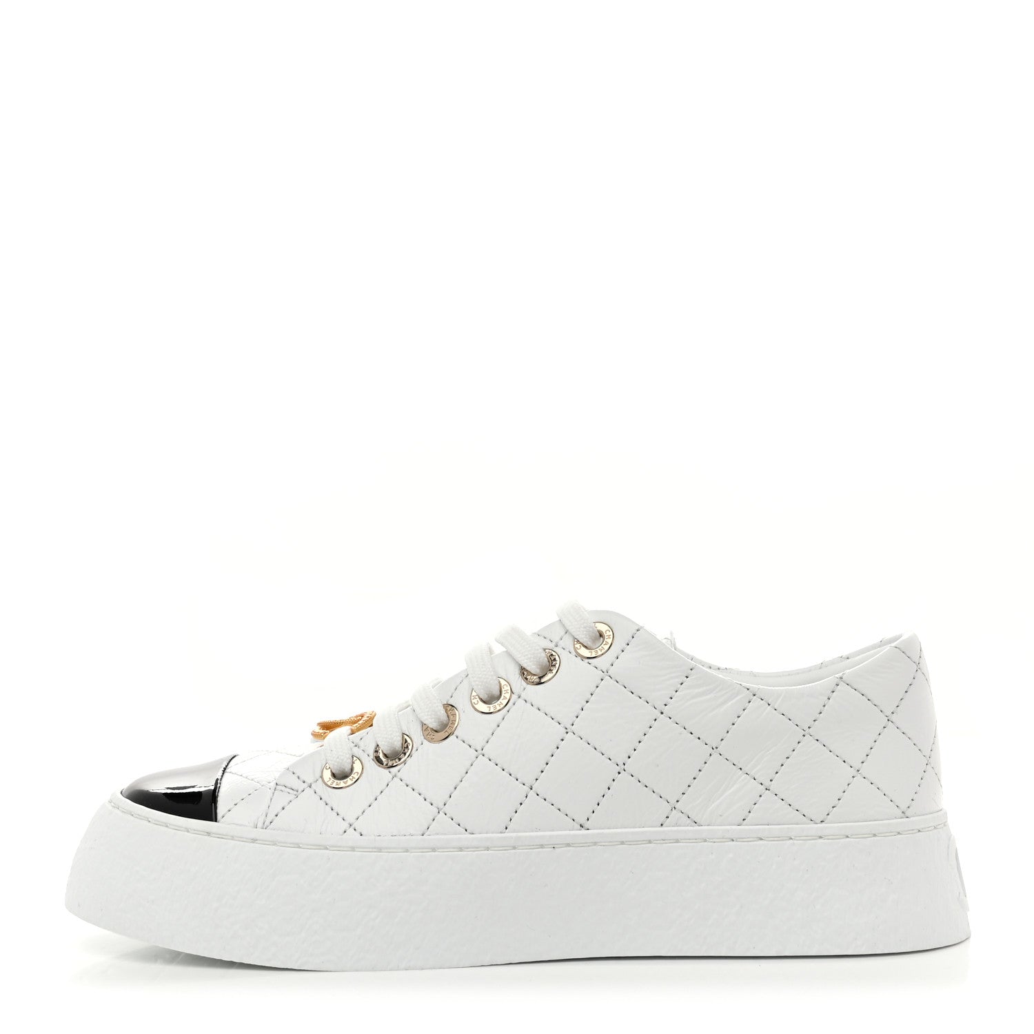 Crumpled Lambskin Patent Cap Toe CC Stitched Sneakers 35.5 White Black