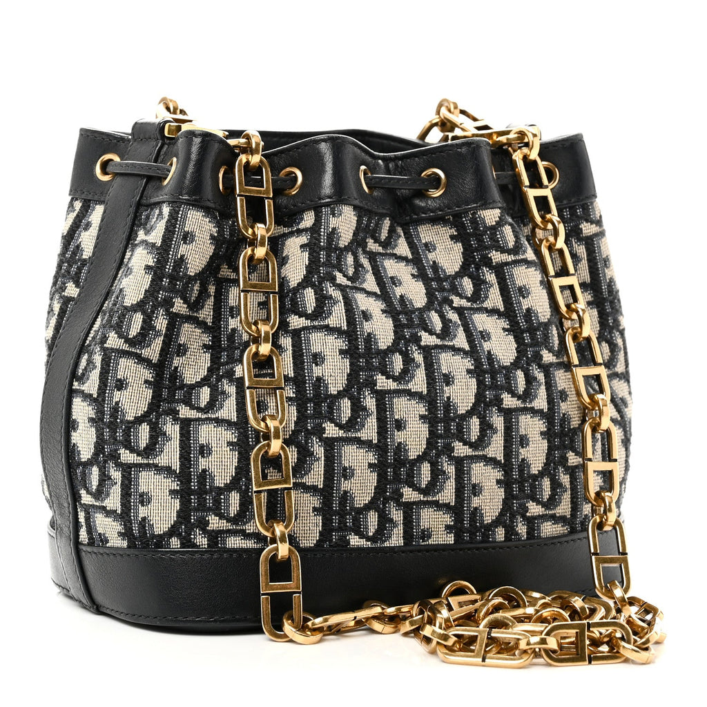 Christian Dior Oblique Drawstring Chain Bucket Bag Blue
