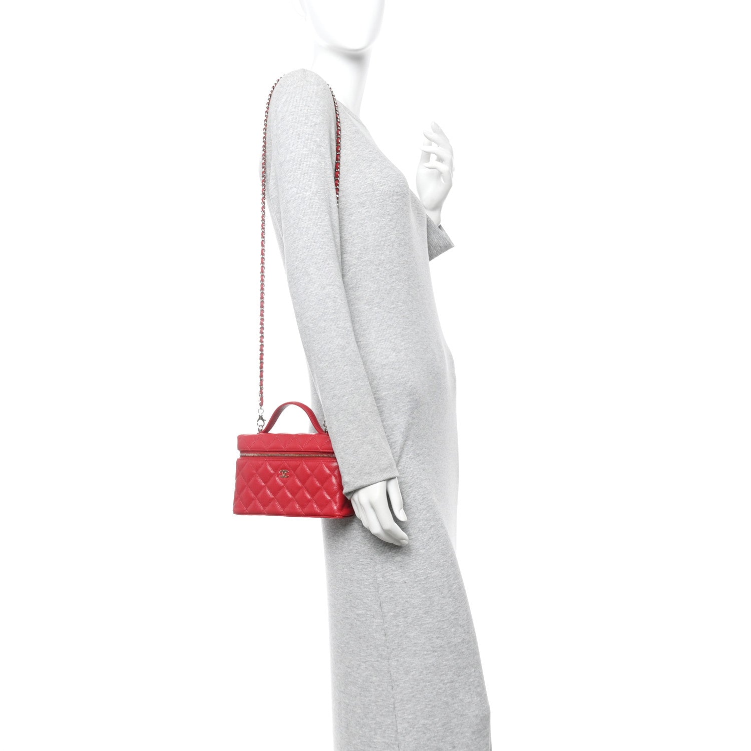 Chanel Caviar Quilted Top Handle Slim Vanity With Chain Red