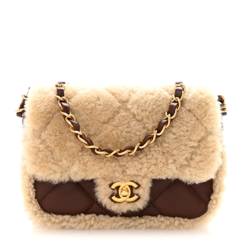 Chanel Shearling Lambskin Quilted Mini Furry Coco Flap Beige Dark Brown