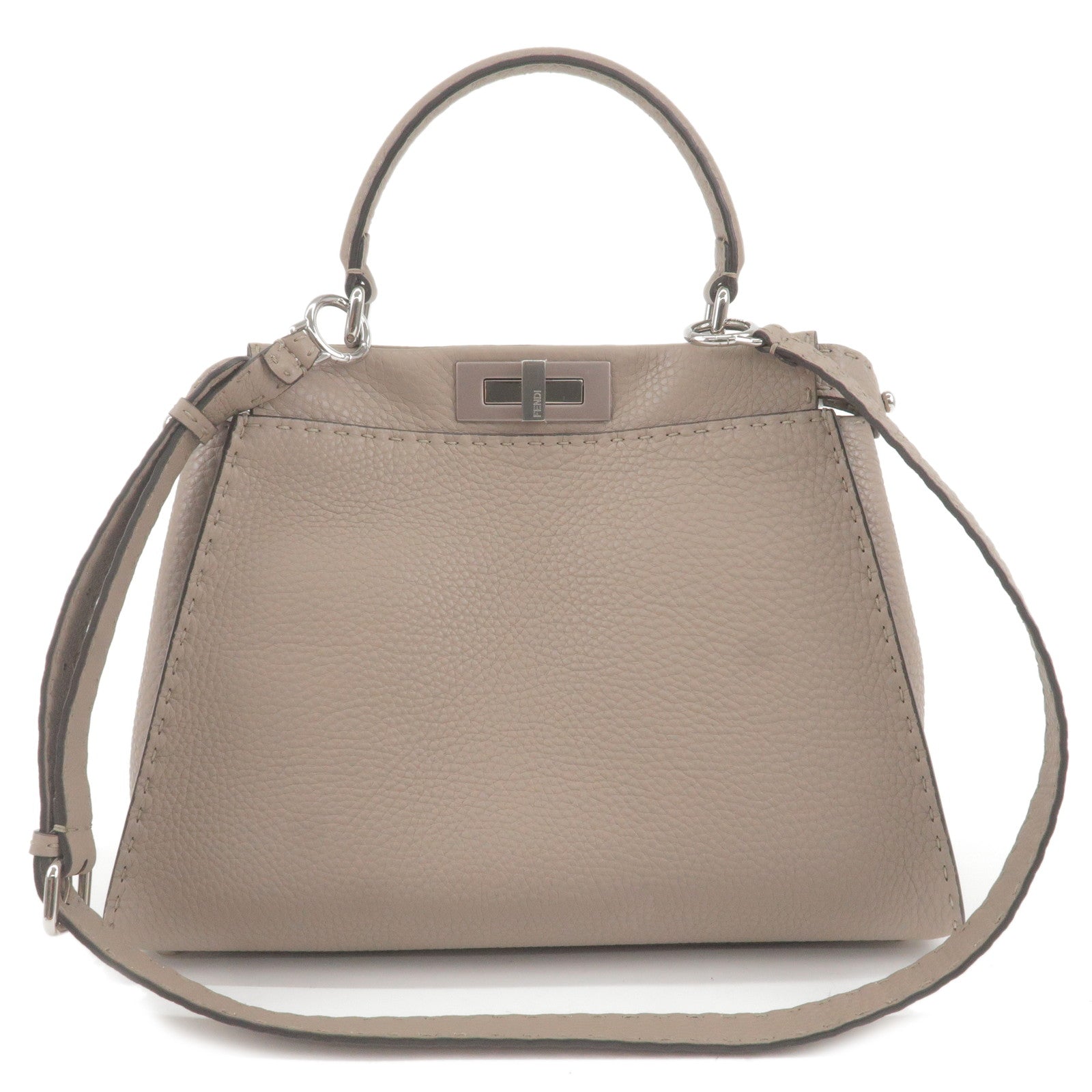 FENDI Selleria Leather Peekaboo Regular 2WAY Bag Greige 8BN290