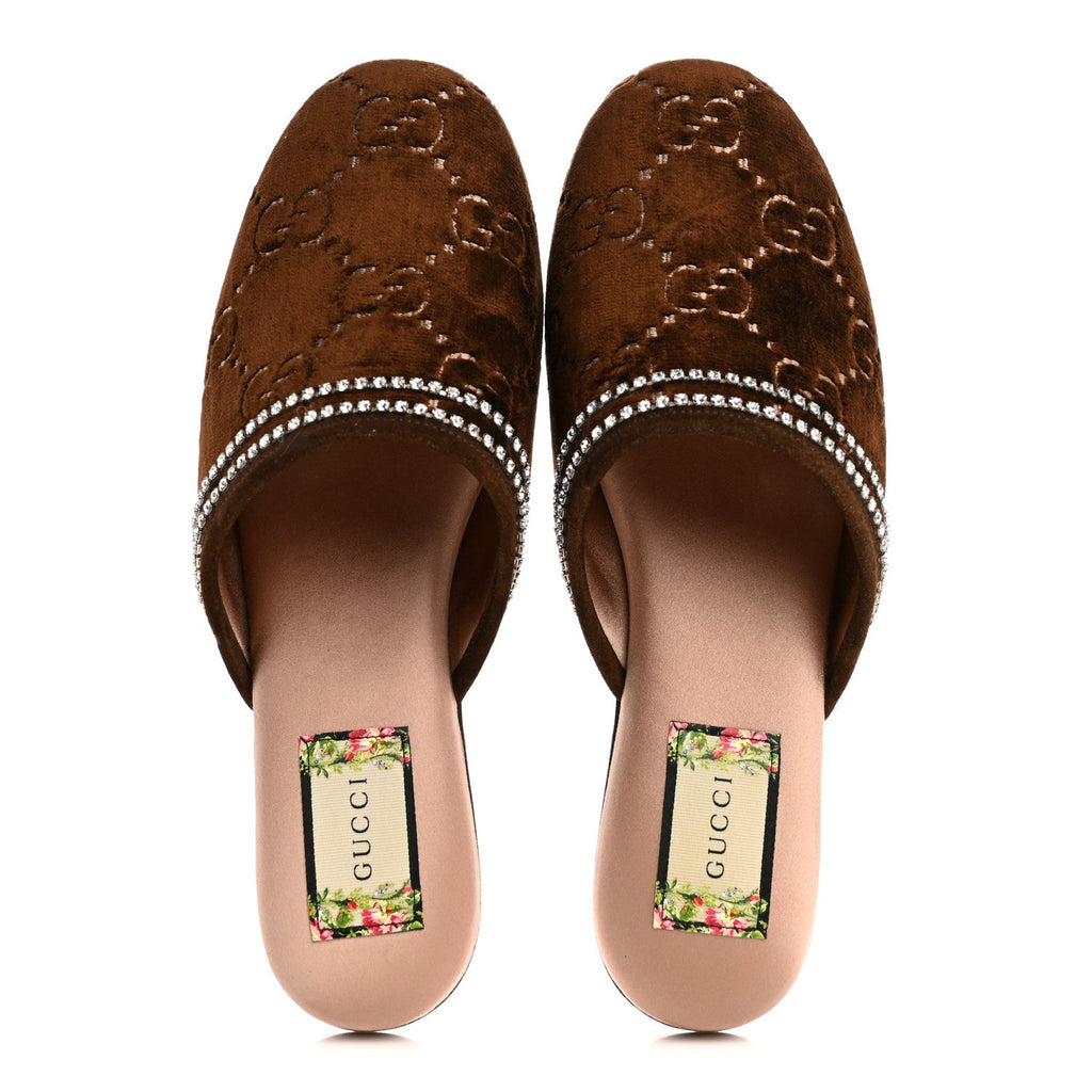 Gucci Velvet GG Monogram Crystal Slippers 39 Brown Vintage Cocoa