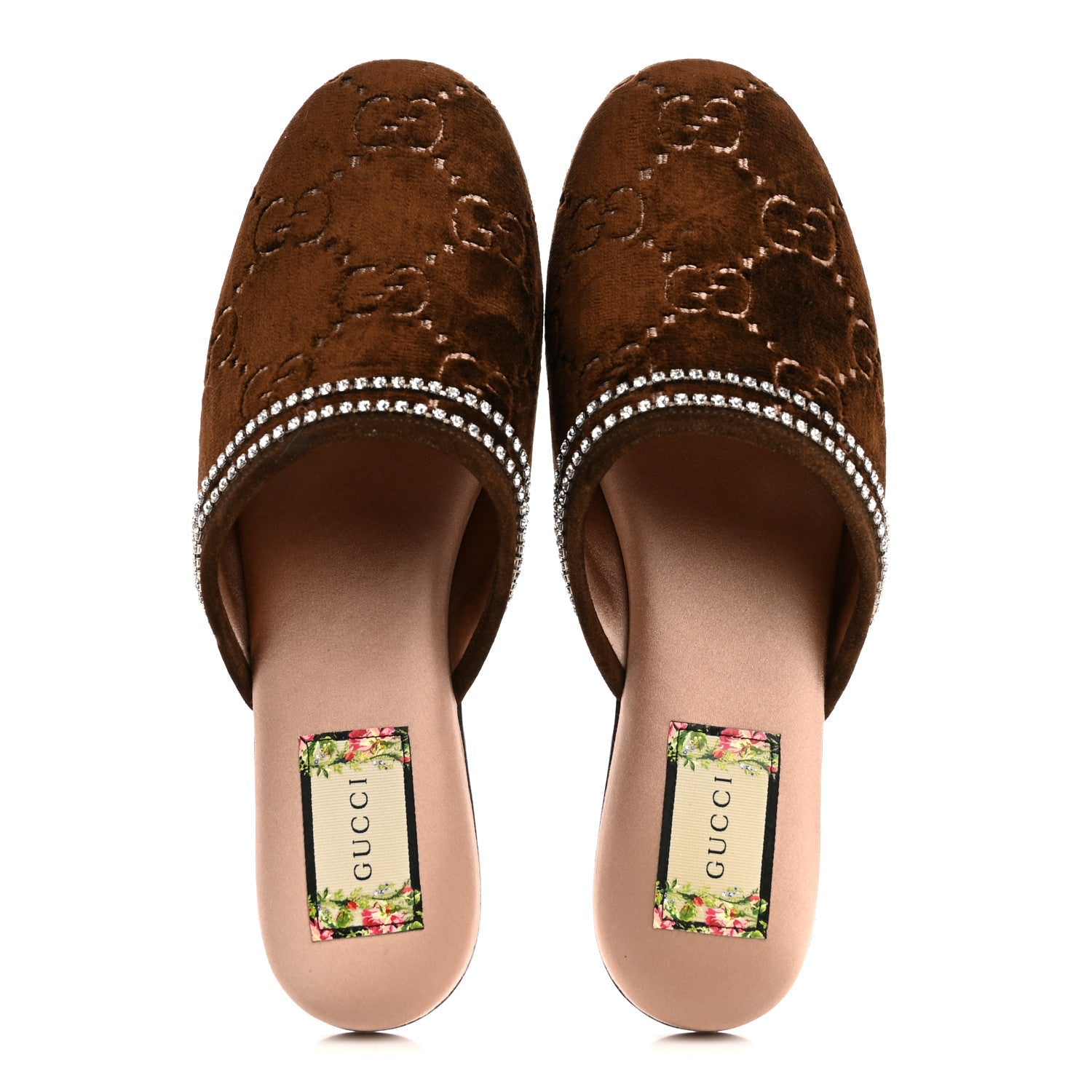 Gucci Velvet GG Monogram Crystal Slippers 39 Brown Vintage Cocoa