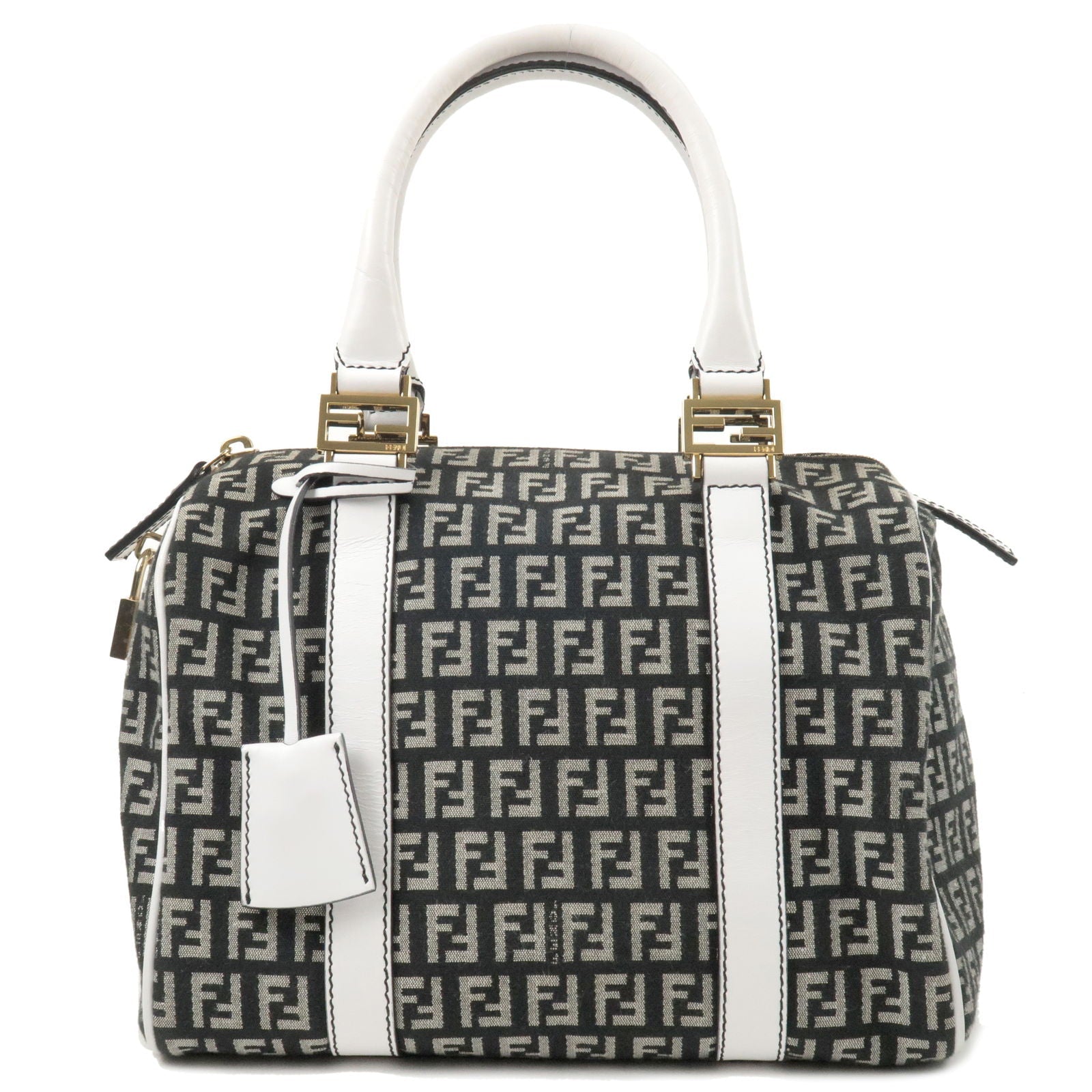 FENDI Zucchino Canvas Leather Boston Bag Black White 8BL068