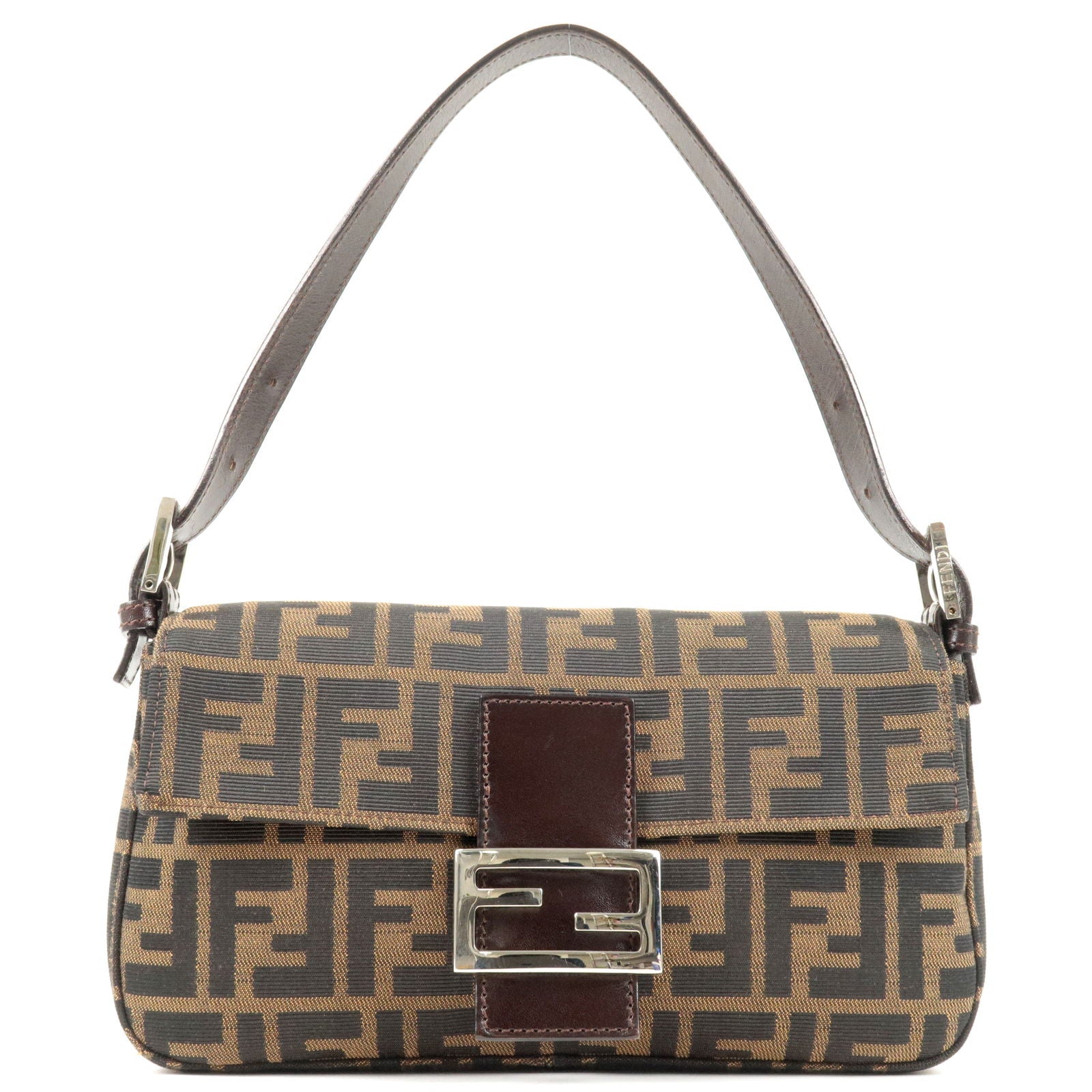 FENDI Zucca Canvas Leather Mamma Baguette Shoulder Bag Brown 26424
