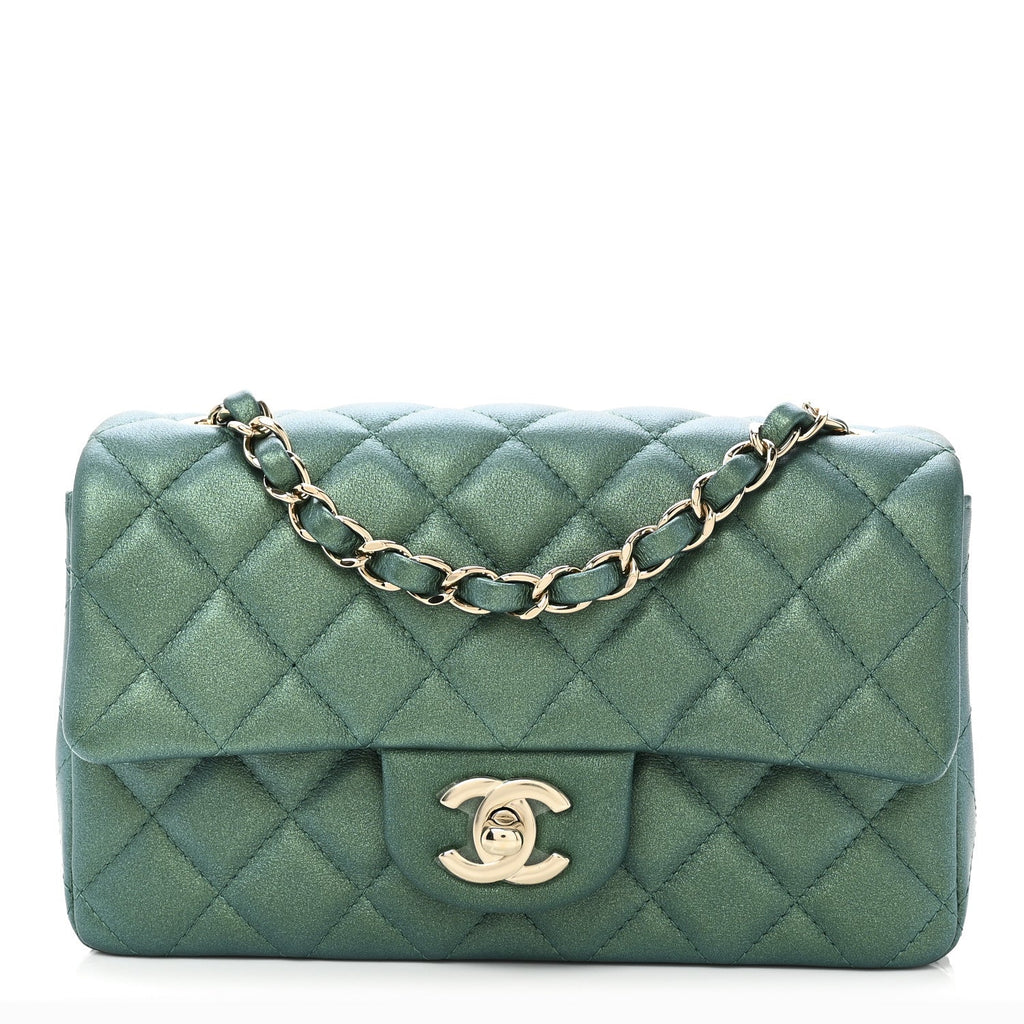 Chanel Iridescent Lambskin Quilted Mini Rectangular Flap Green