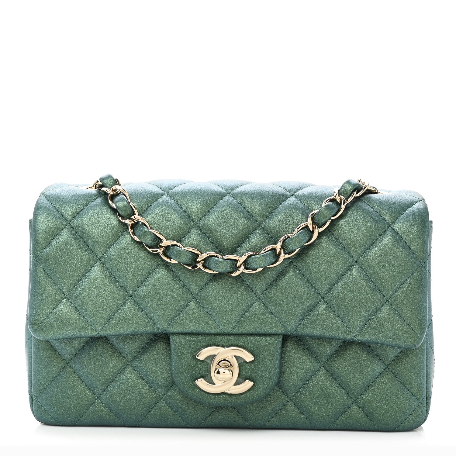 Chanel Iridescent Lambskin Quilted Mini Rectangular Flap Green
