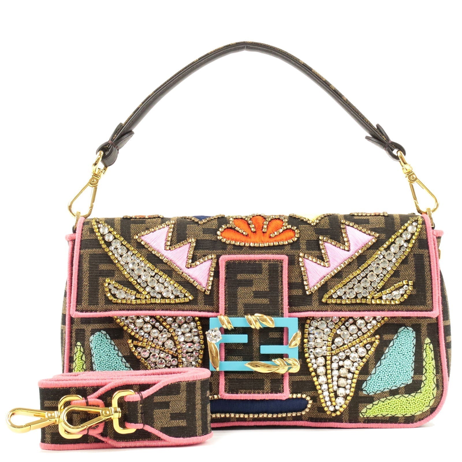 FENDI Zucca Mamma Baguette Canvas Leather Rhinestone Bag 8BR600