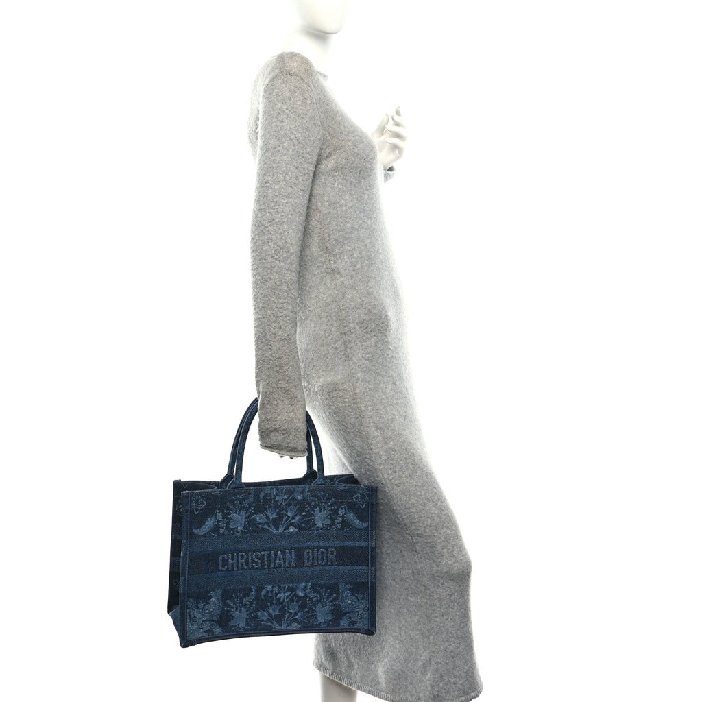 Christian Dior Denim Flowers Embroidered Medium Book Tote Blue