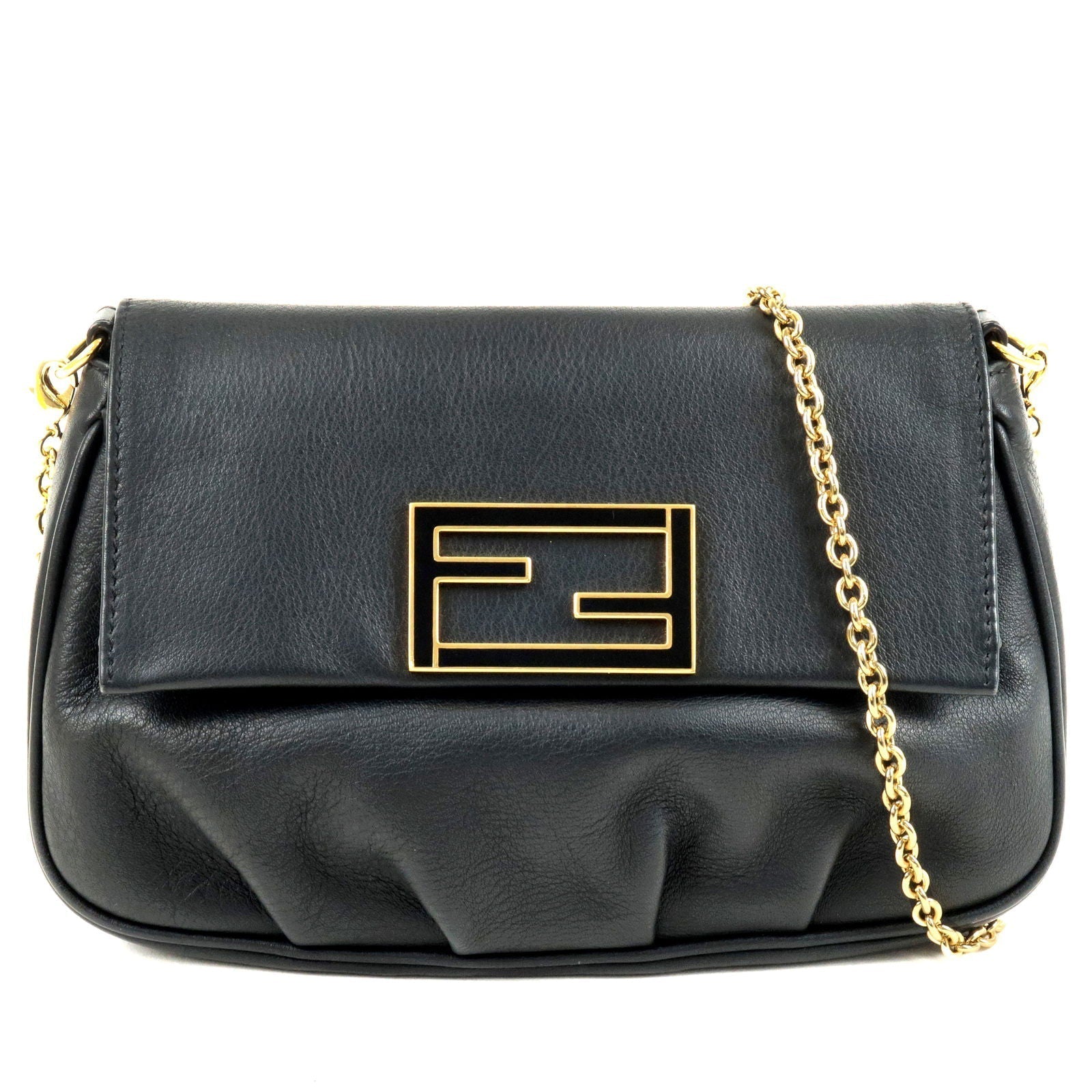FENDI Leather Chain Shoulder Bag Purse Black 8M0276