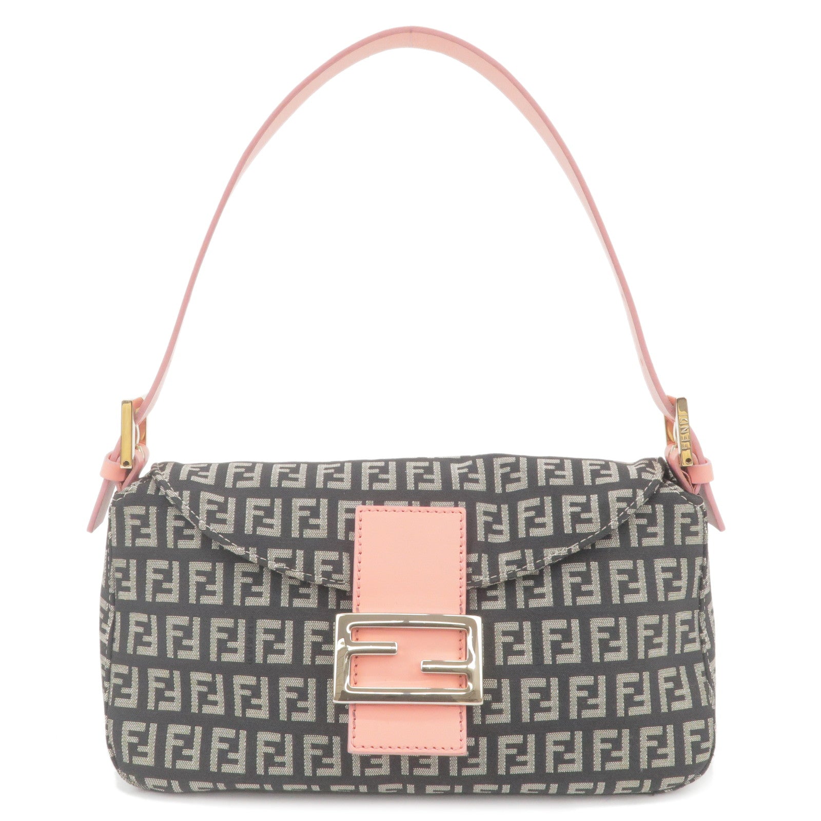 FENDI Zucchino Mamma Baguette Canvas Leather Bag Black Pink 8BR003