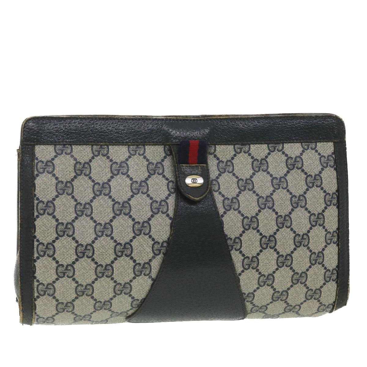 GUCCI Sherry Line GG Canvas Clutch Bag PVC Leather Navy Red 89  36432