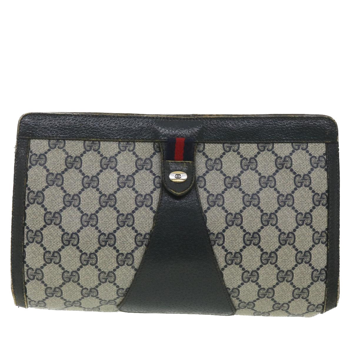 GUCCI Sherry Line GG Canvas Clutch Bag PVC Leather Navy Red 89  36432