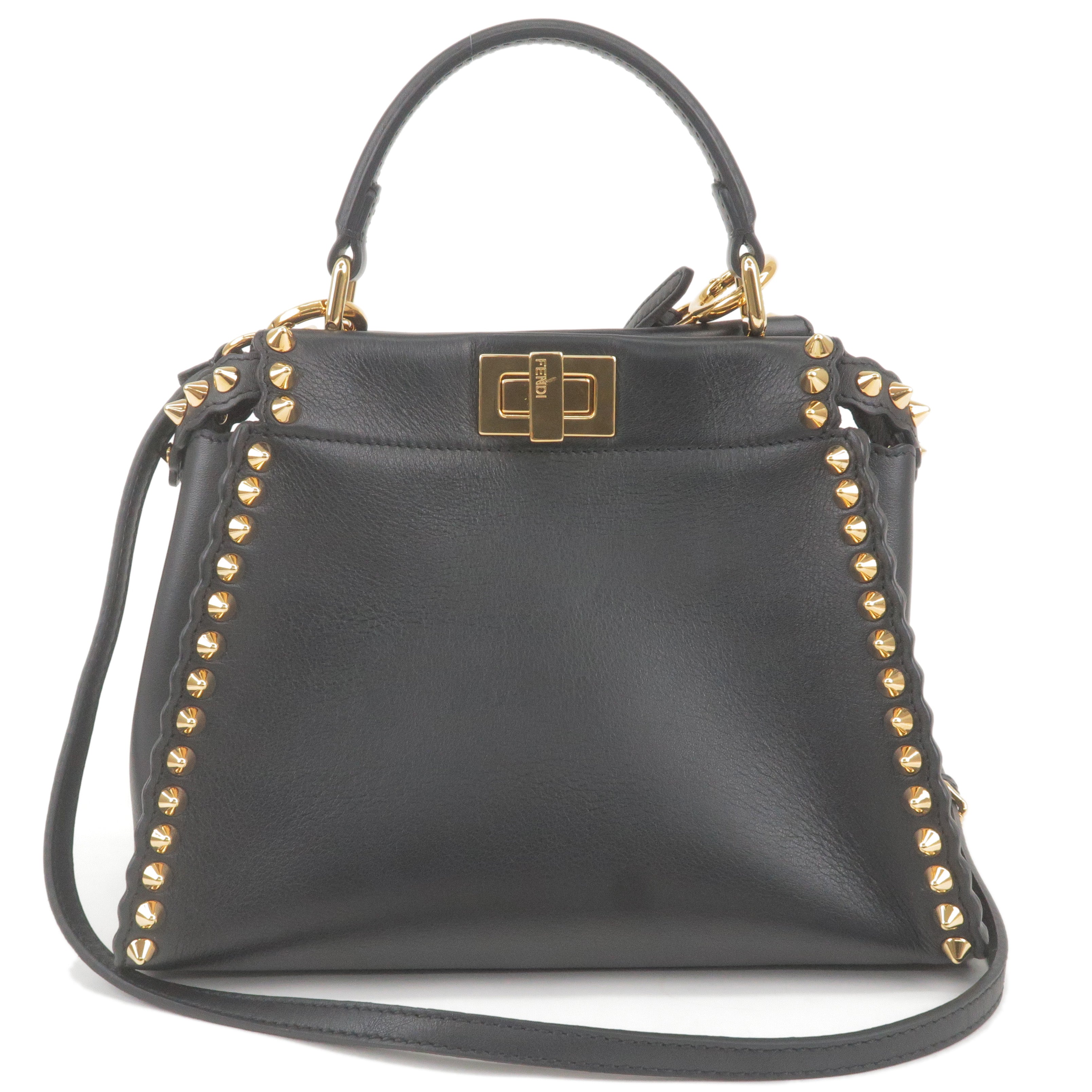 FENDI Studs Mini Peekaboo Leather 2Way Hand Bag Black 8BN244