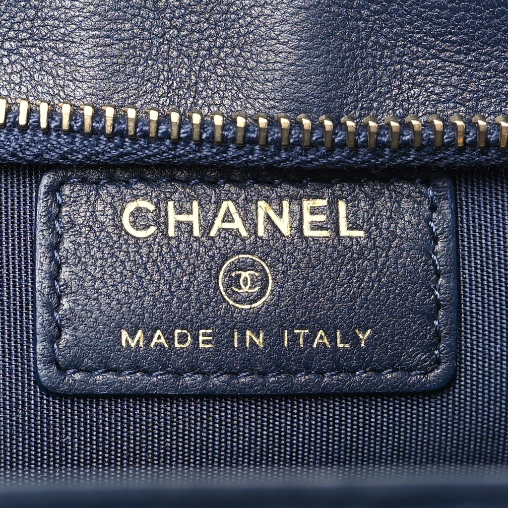 Chanel Lambskin Quilted Square Front Pocket Clutch With Chain Navy Blue