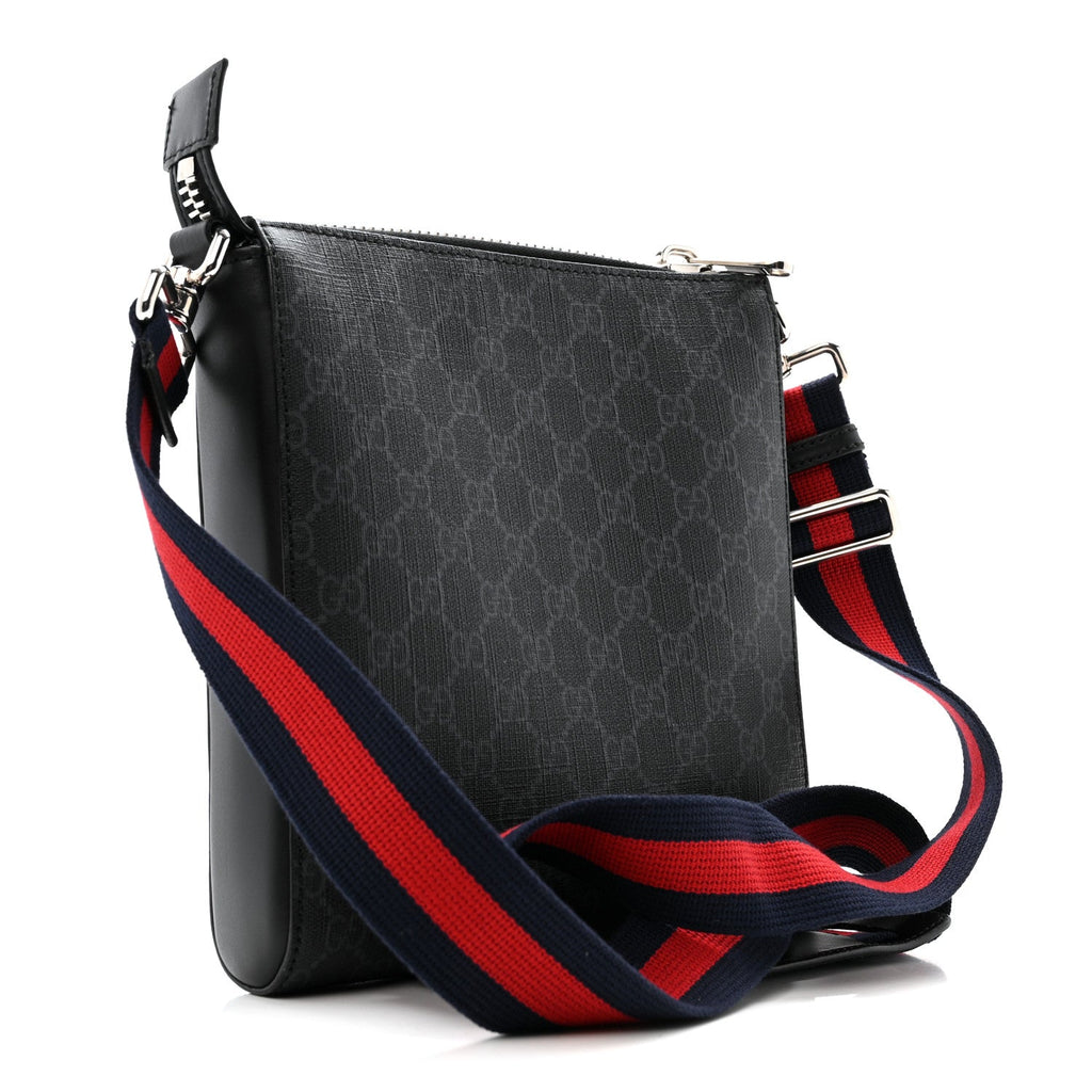 Gucci GG Supreme Monogram Web Small Flat Messenger Bag Black Grey