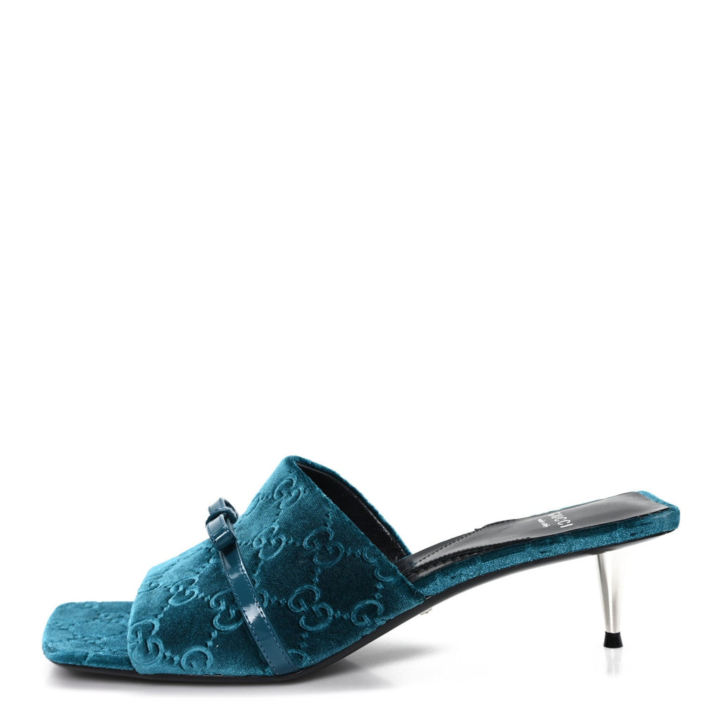 Gucci New Velvet Ashmir Regent Calfskin GG Monogram Square Toe Bow 45mm Slide Sandals Peacock Blue 39.5