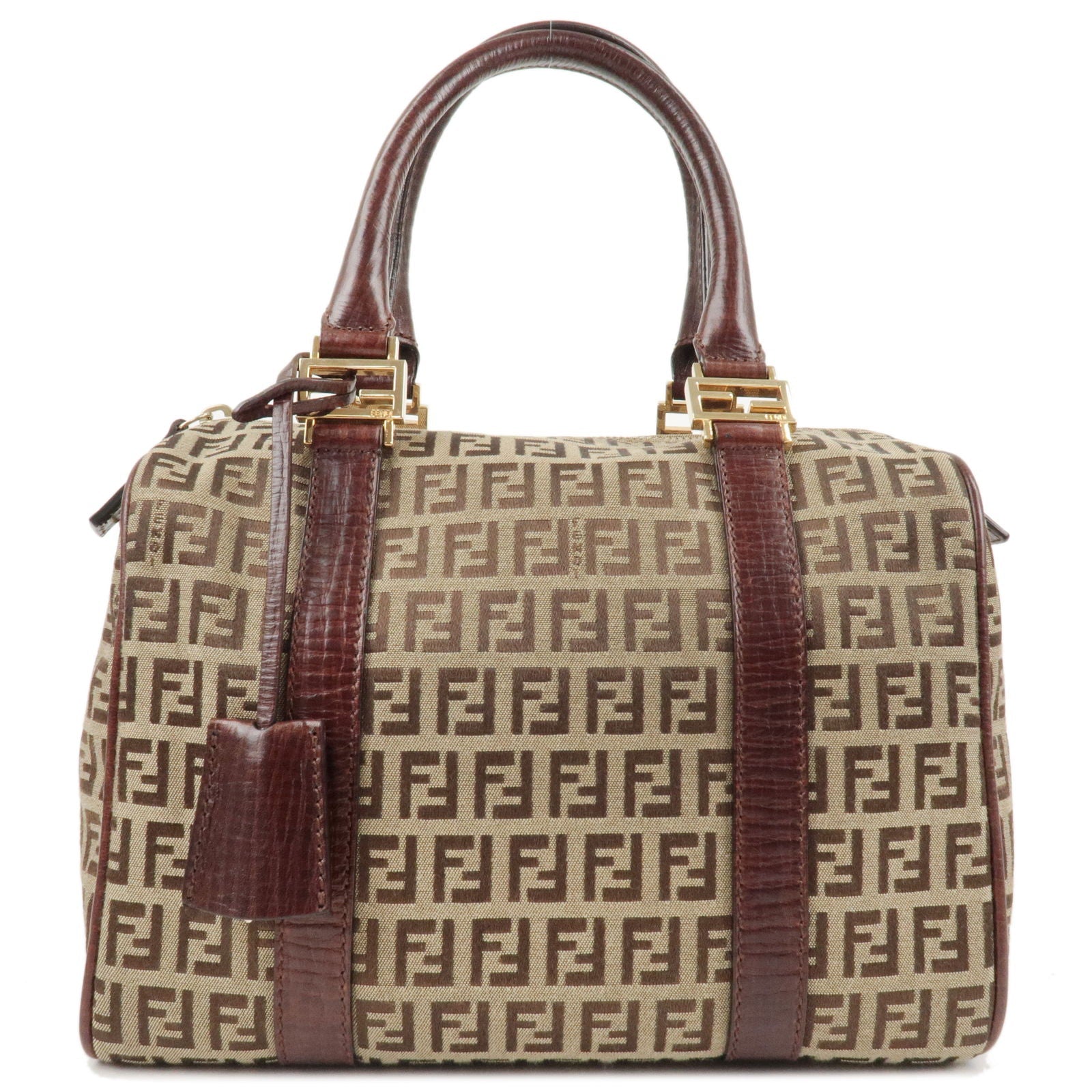 FENDI Zucchino Canvas Leather Boston Bag Brown Beige 8BL068